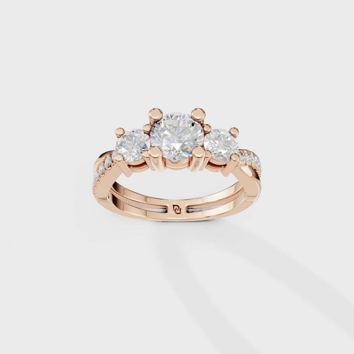 Modern Round Cut Diamond Three Stone Ring With Twisted Pave Shank