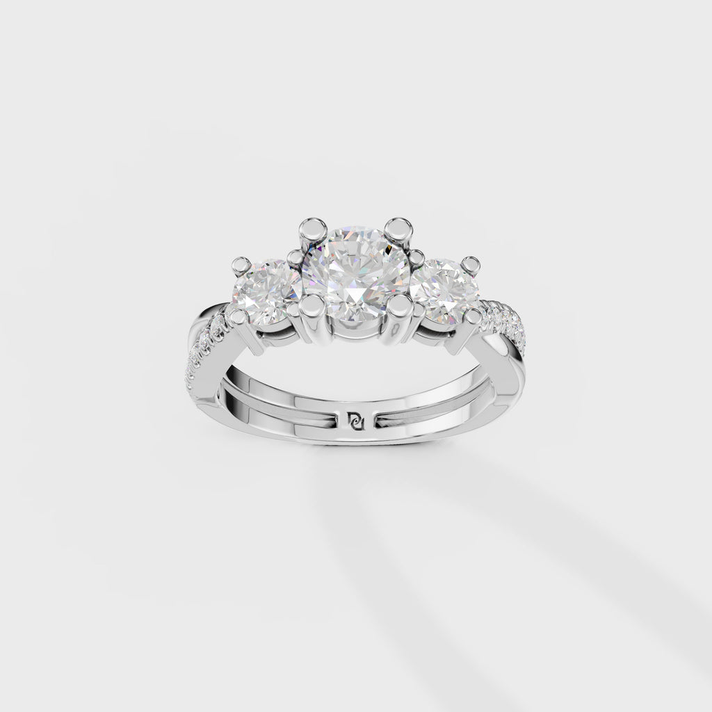 Modern Round Cut Diamond Three Stone Ring With Twisted Pave Shank
