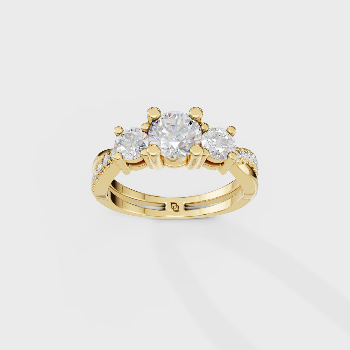 Modern Round Cut Diamond Three Stone Ring With Twisted Pave Shank