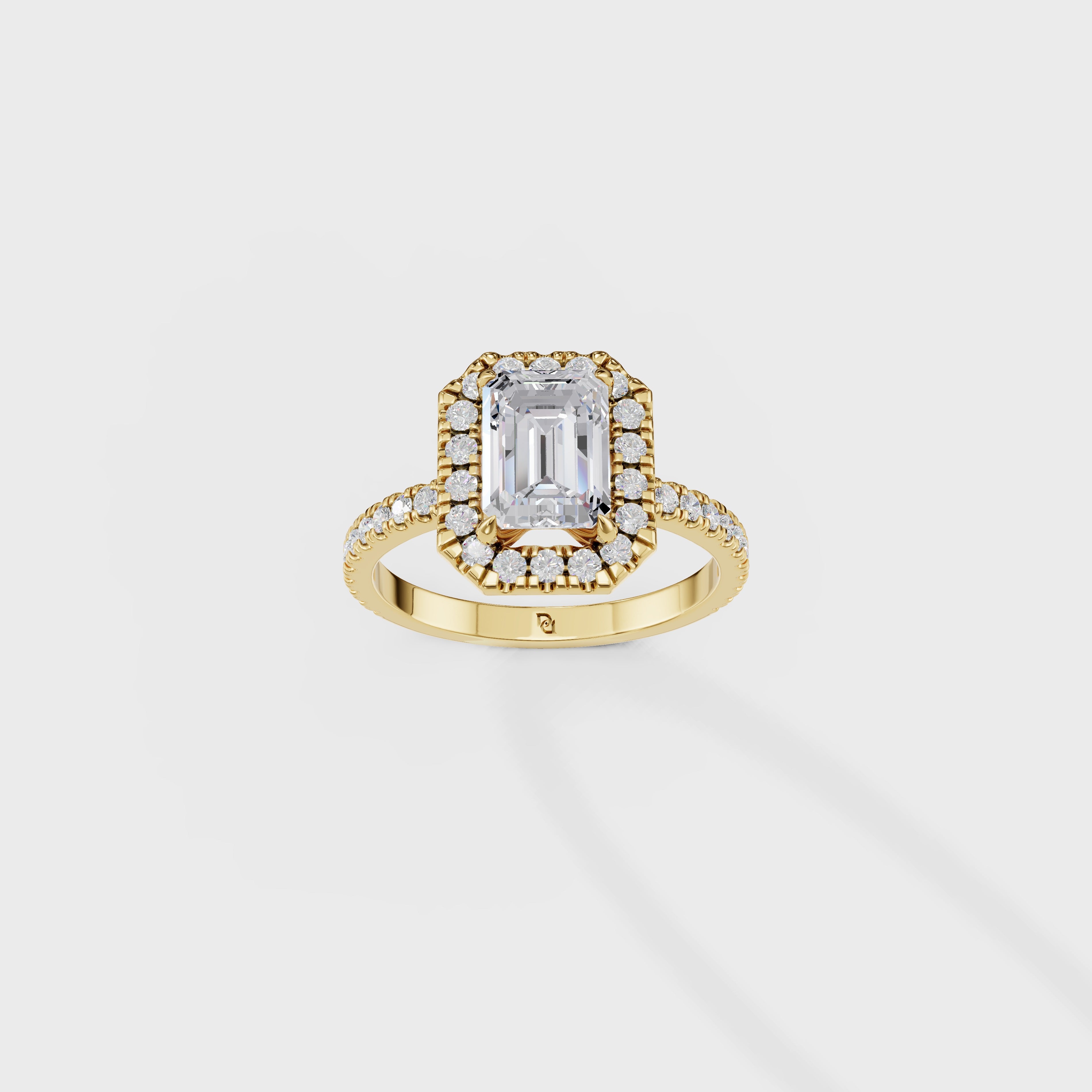 Emerald Cut Diamond Halo Engagement Ring with Pave Band