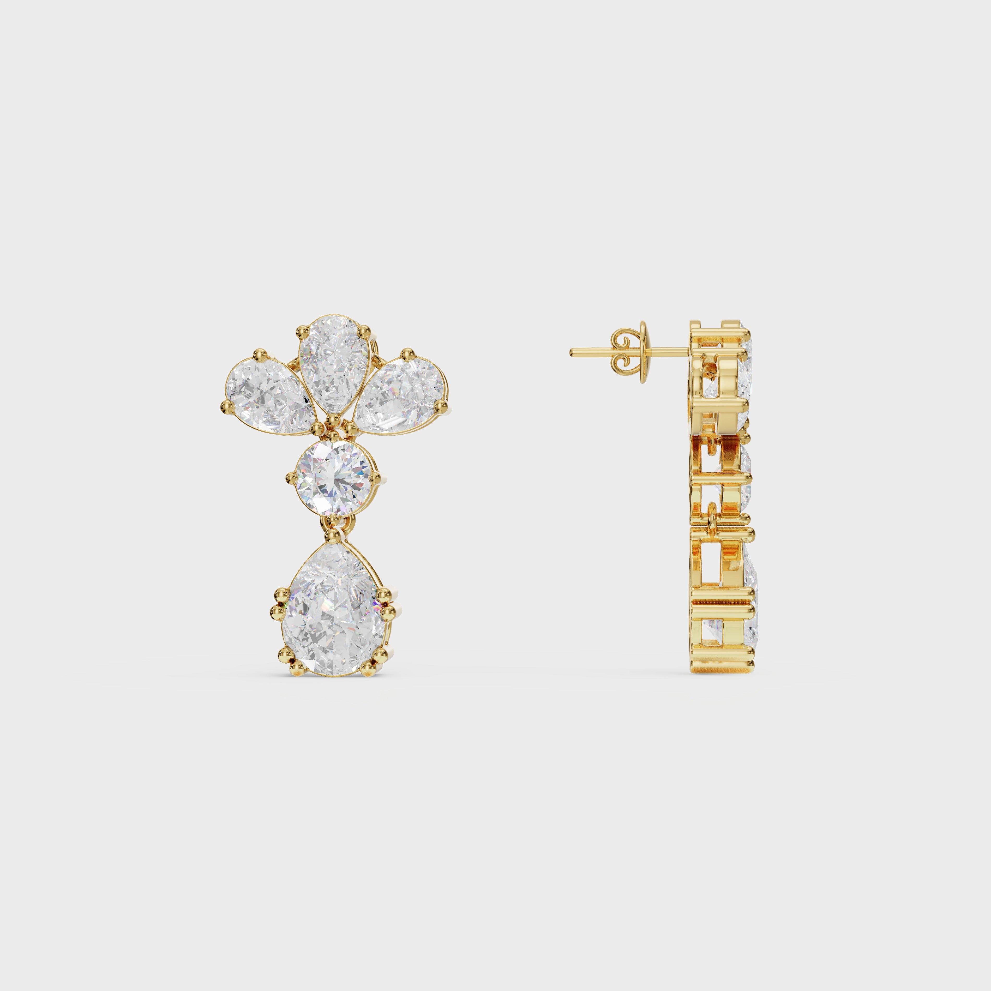 Pear & Round Diamond Drop Cluster Earrings