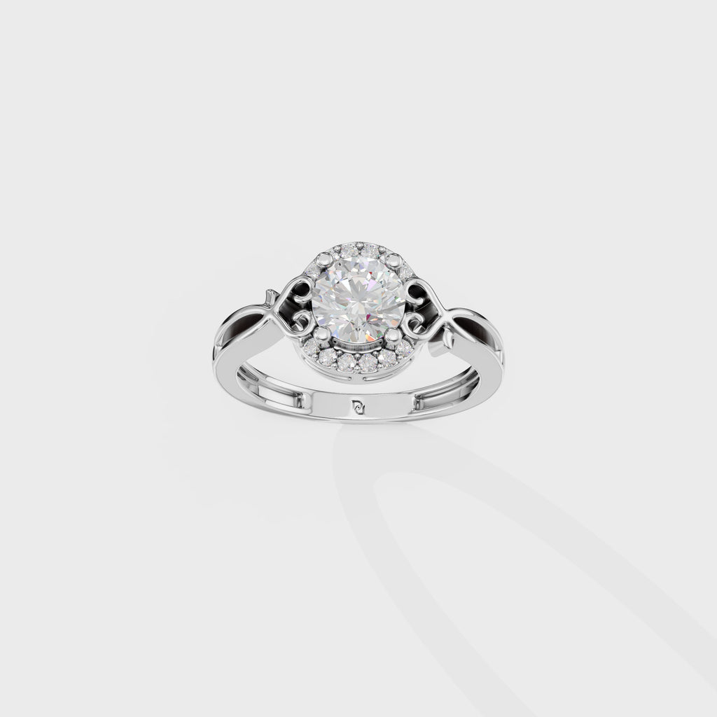 Round Cut Diamond Halo Ring With Intricate Scrollwork Band
