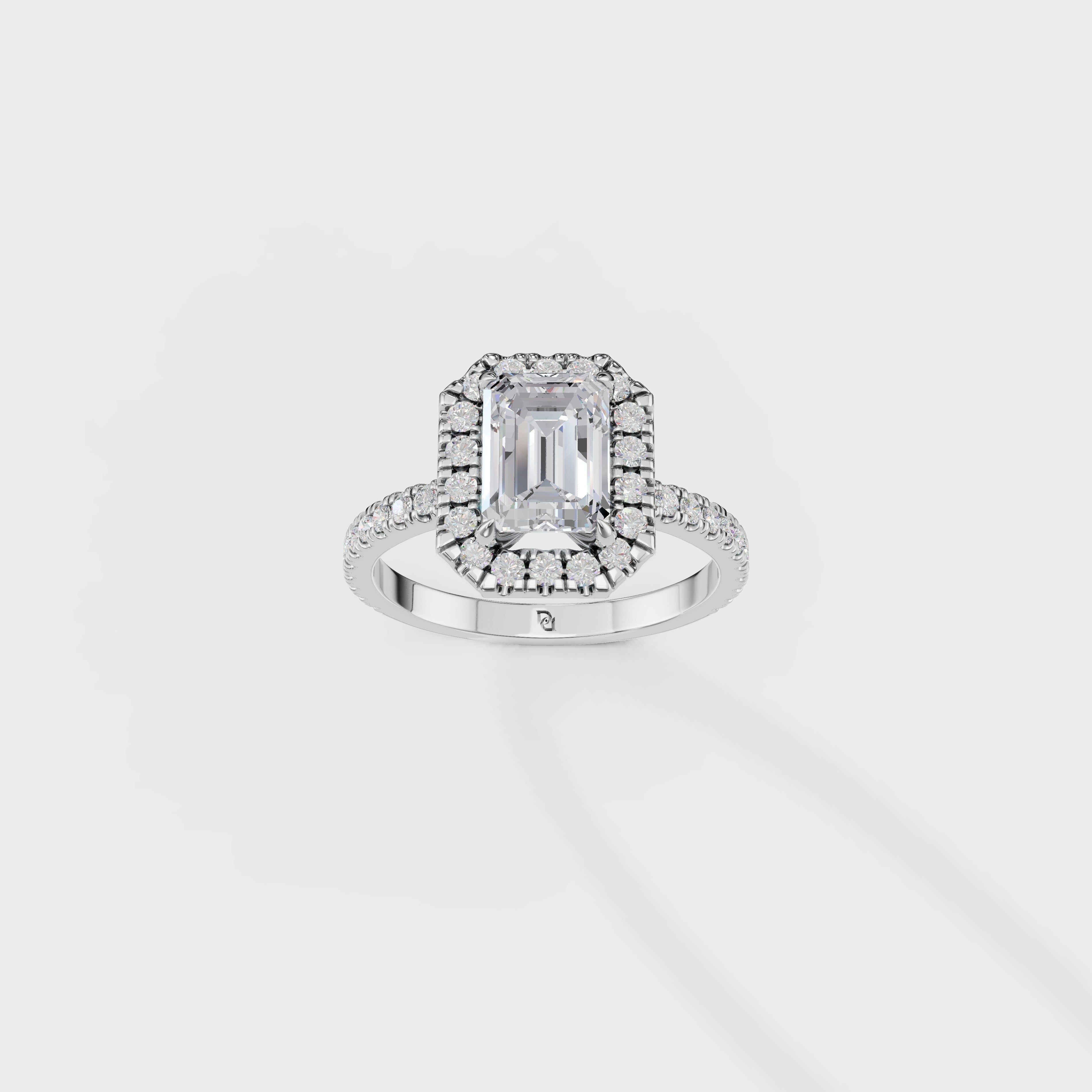 Emerald Cut Diamond Halo Engagement Ring with Pave Band