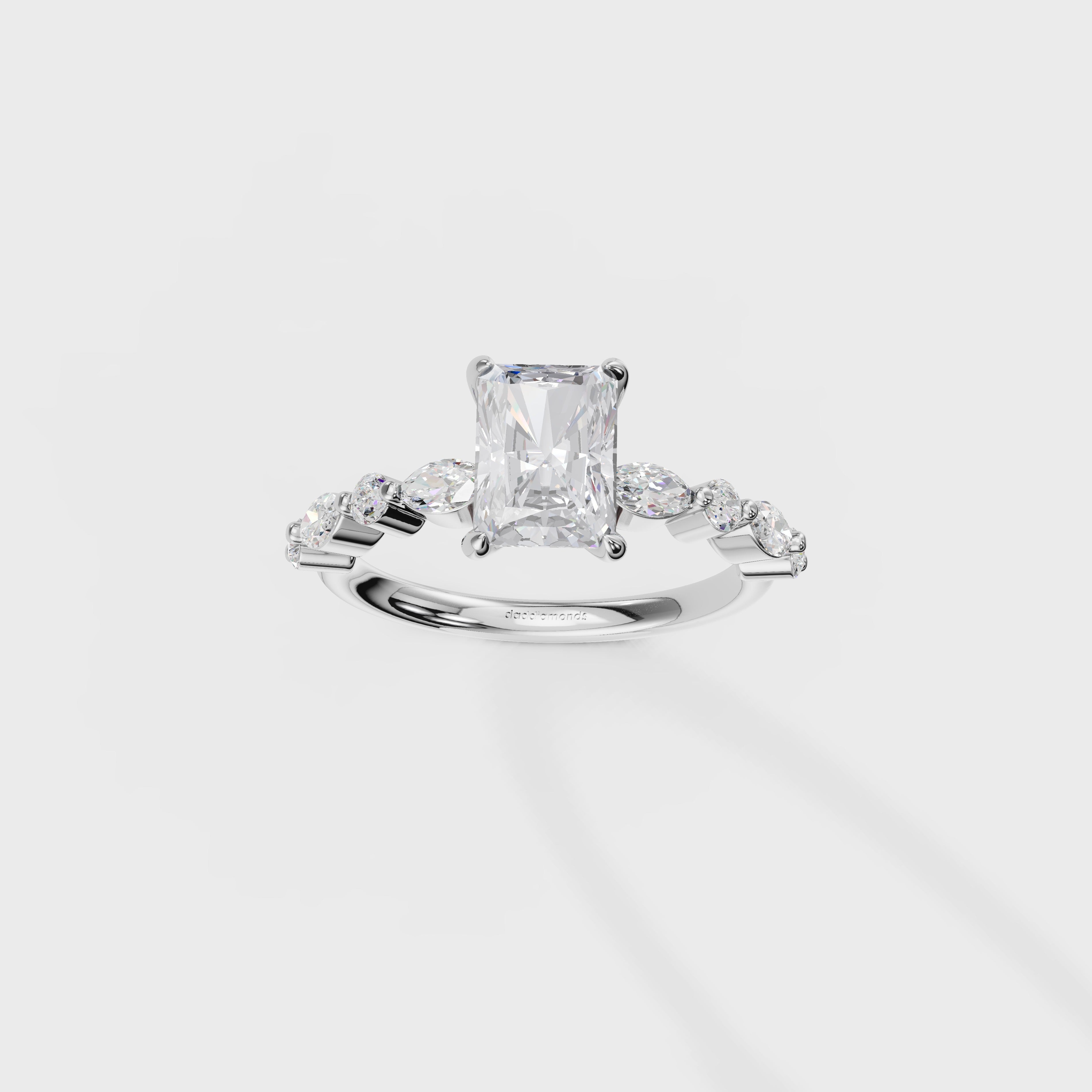 Radiant Cut Diamond Engagement Ring with Marquise & Round Side Stones