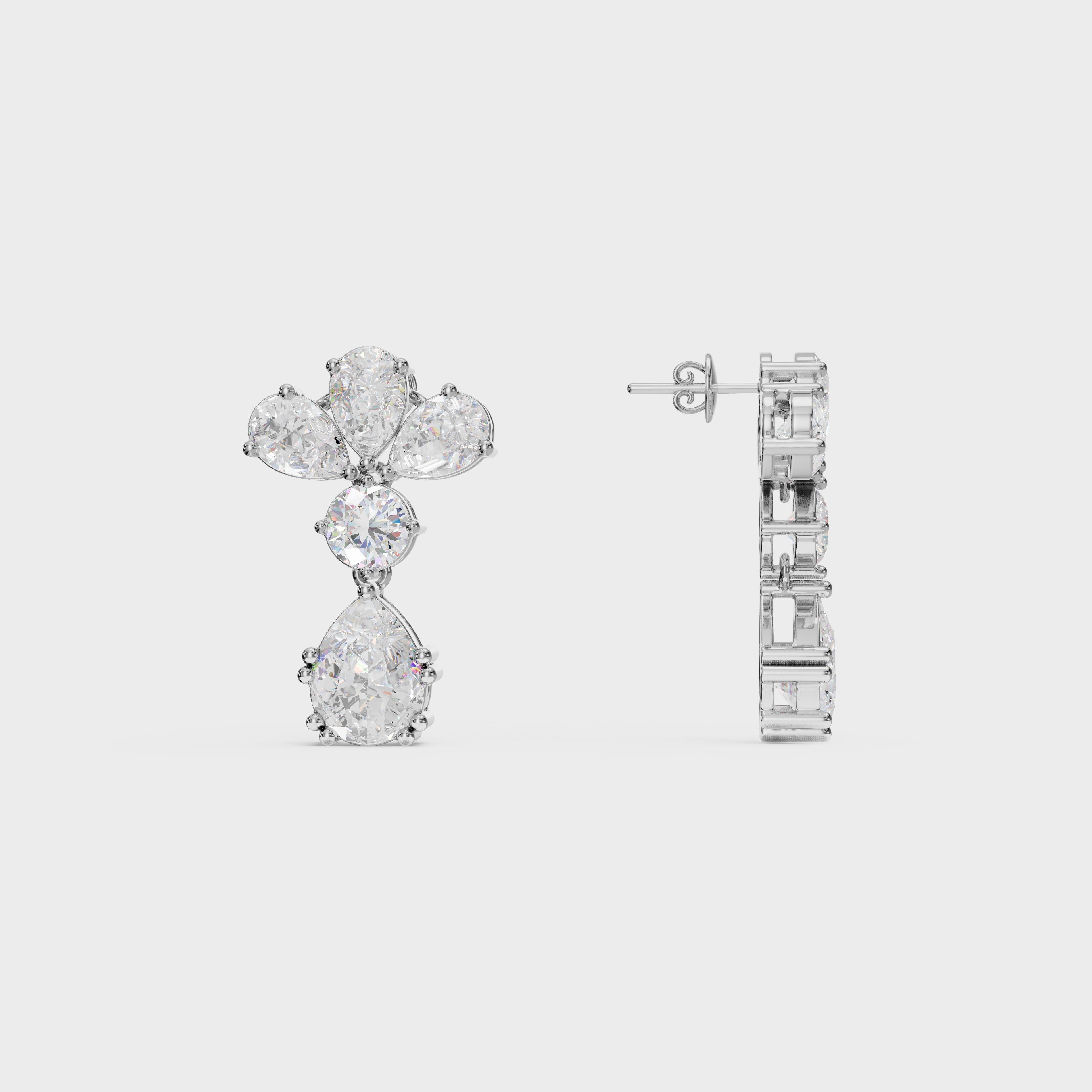 Pear & Round Diamond Drop Cluster Earrings