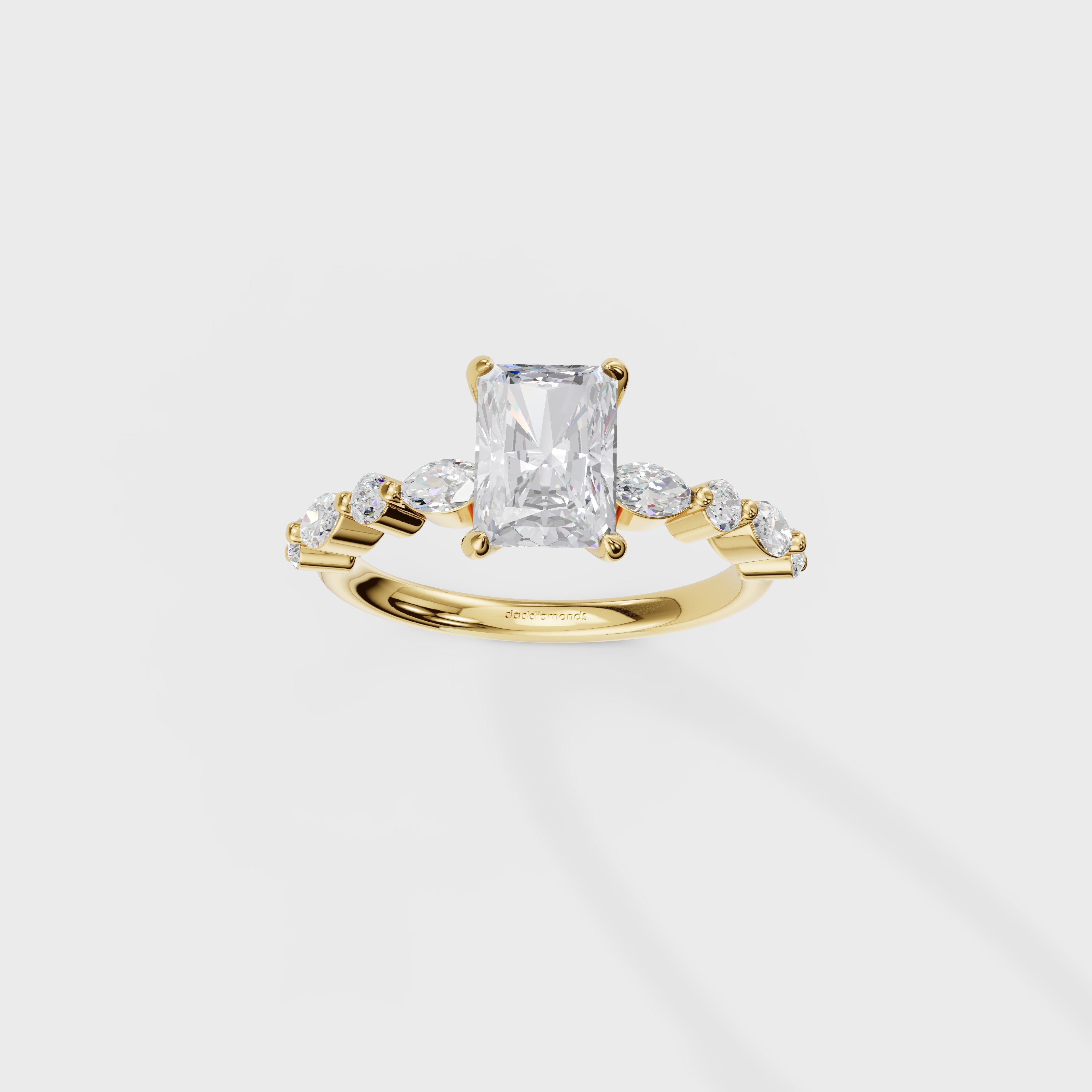 Radiant Cut Diamond Engagement Ring with Marquise & Round Side Stones