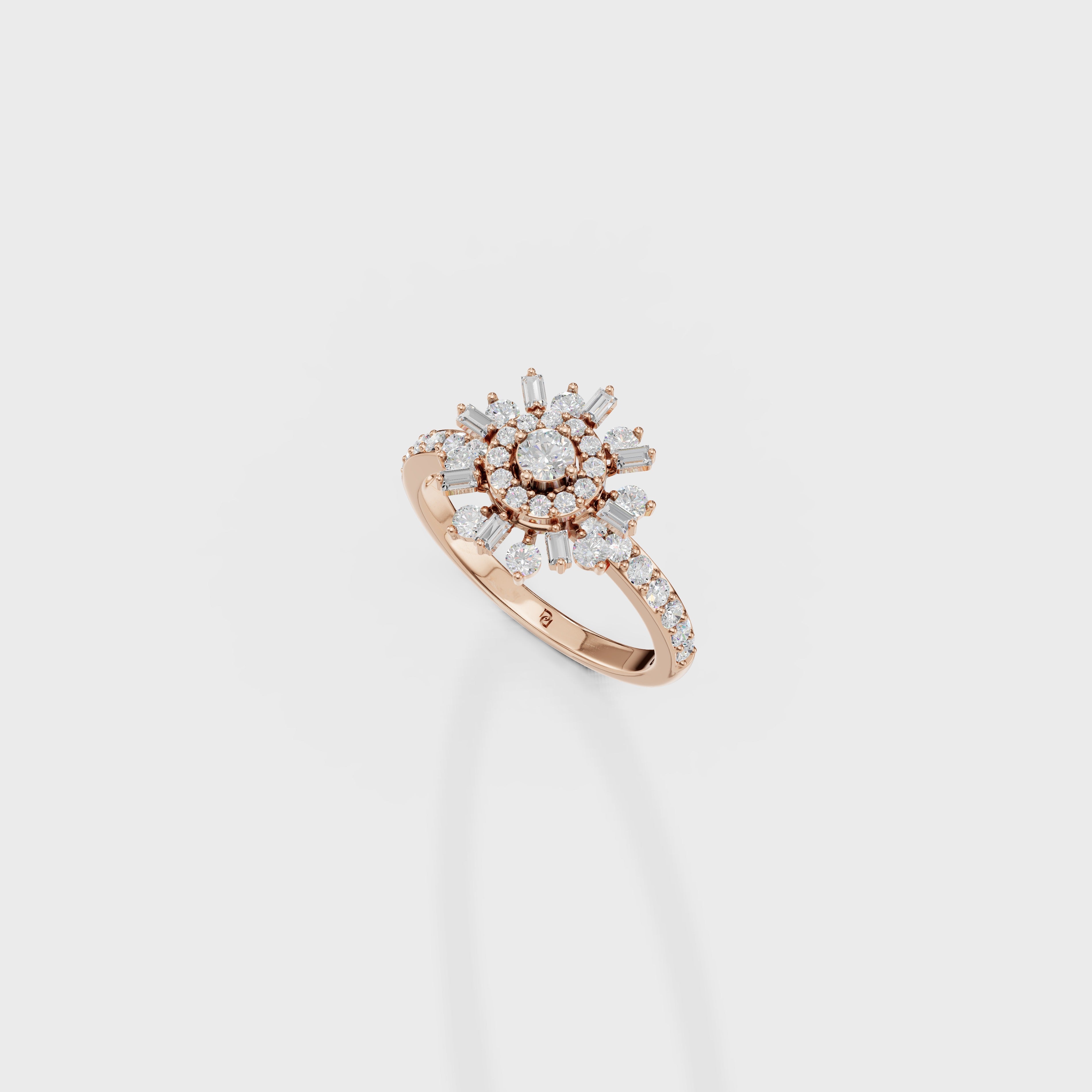 Baguette & Round Diamond Starburst Ring
