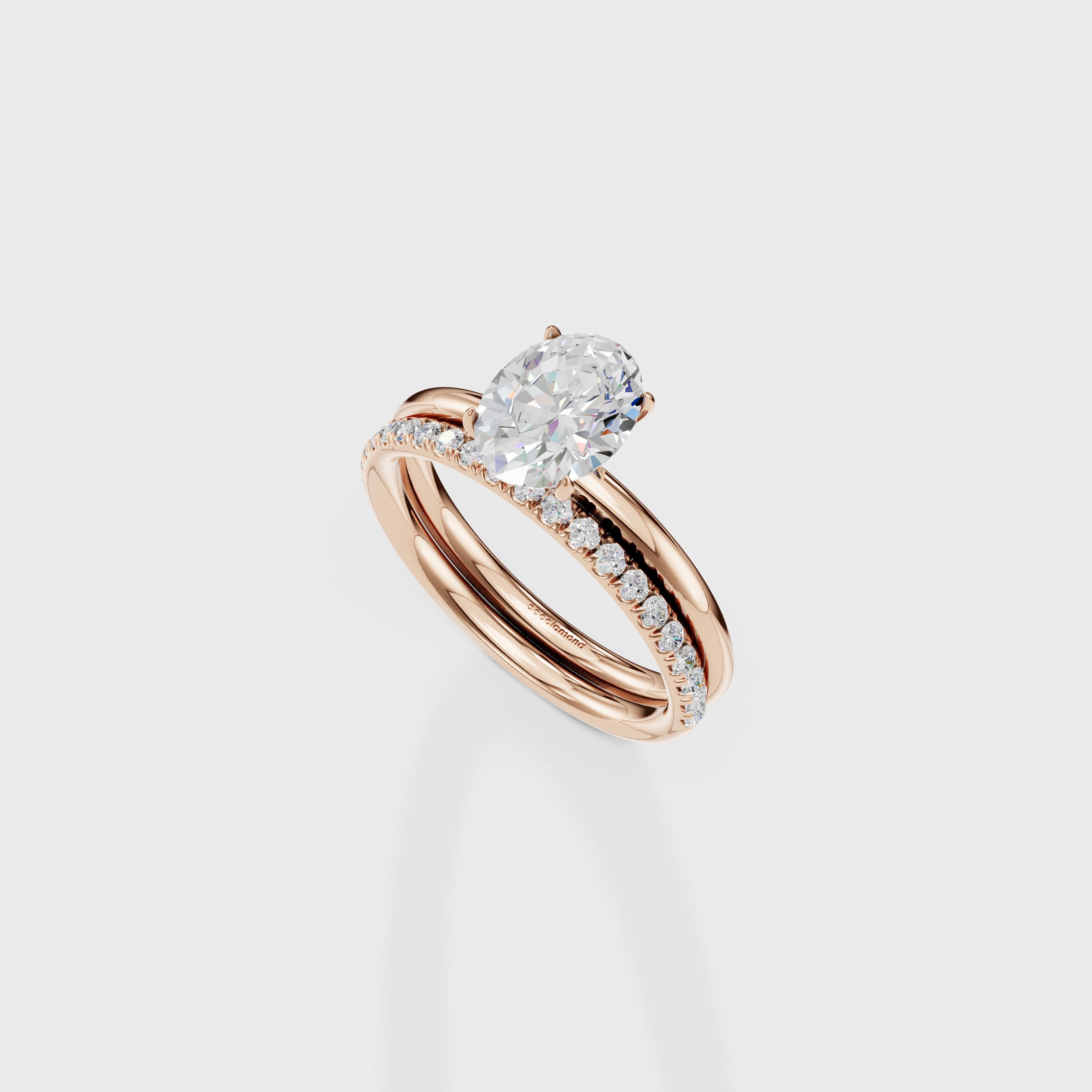 Oval Solitaire Diamond Bridal Set With Pave Band