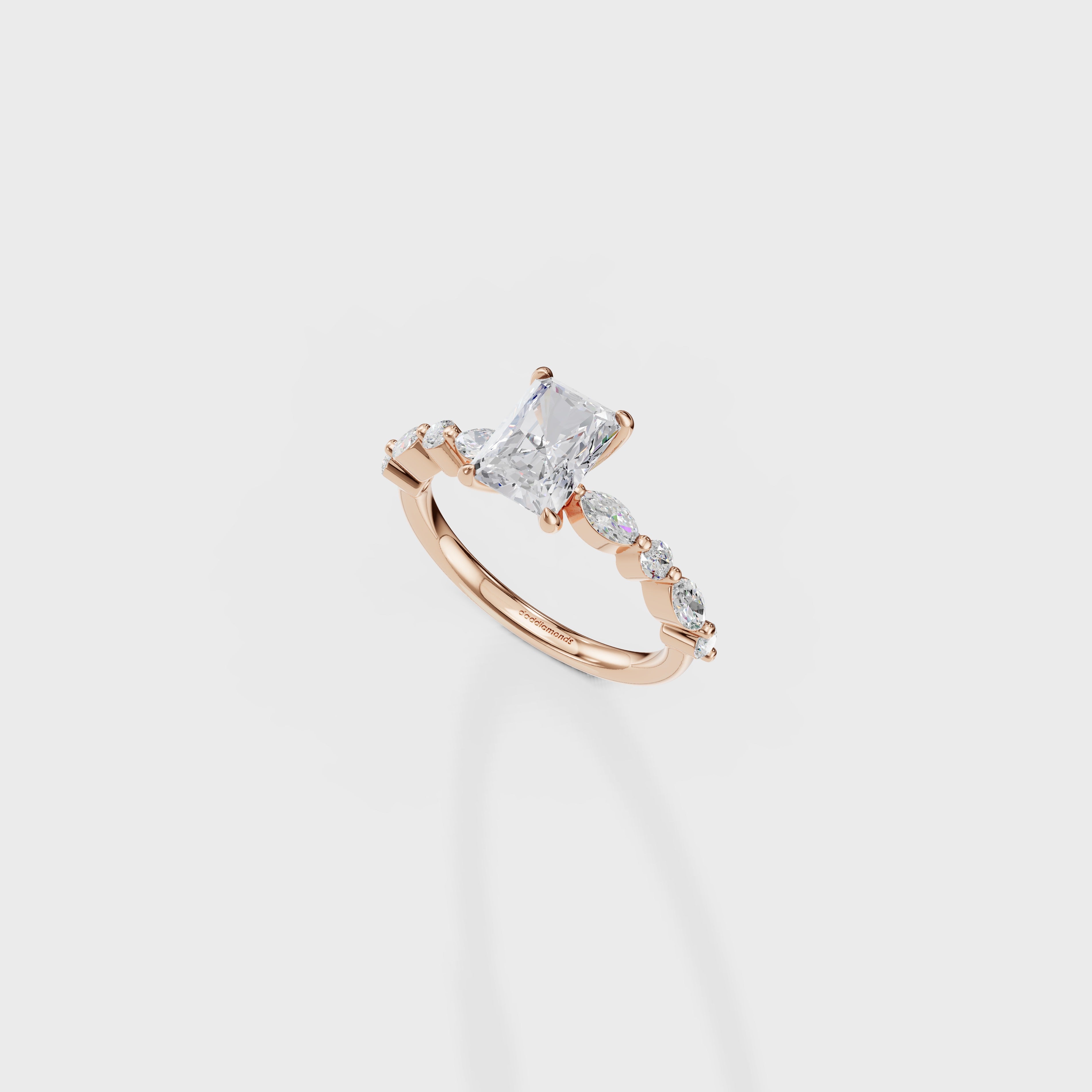 Radiant Cut Diamond Engagement Ring with Marquise & Round Side Stones