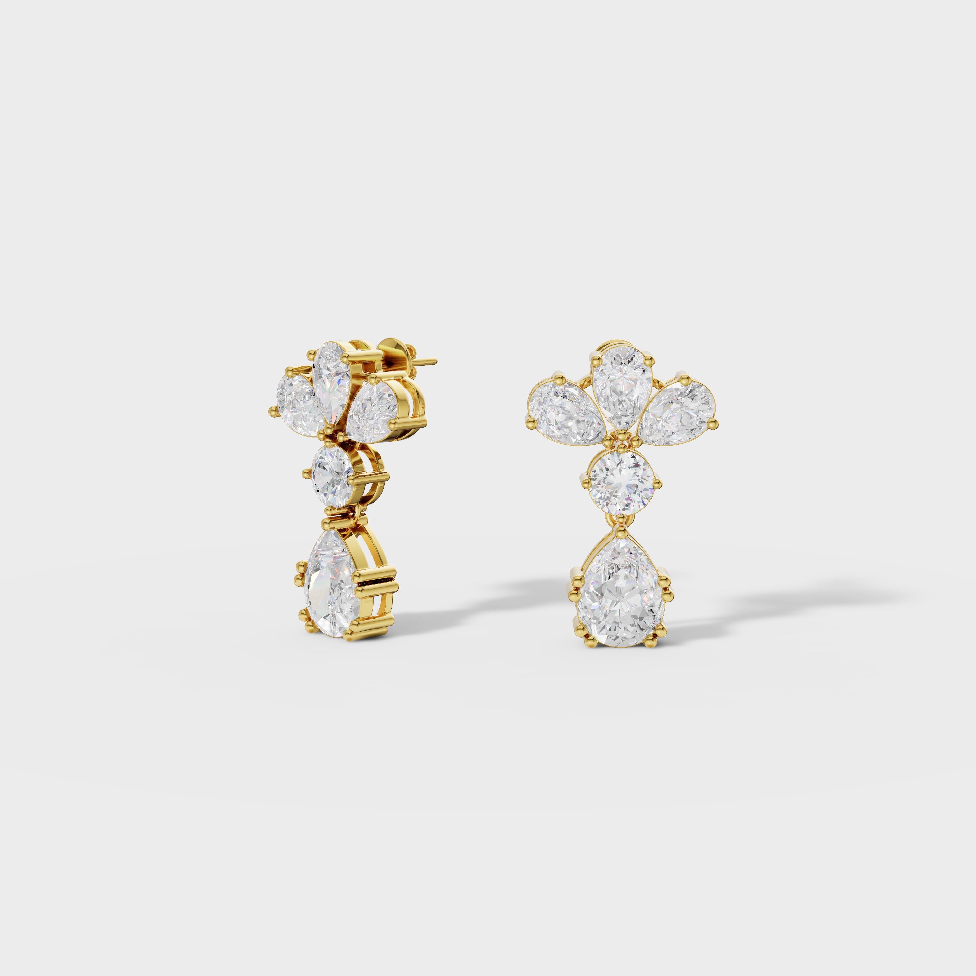 Pear & Round Diamond Drop Cluster Earrings