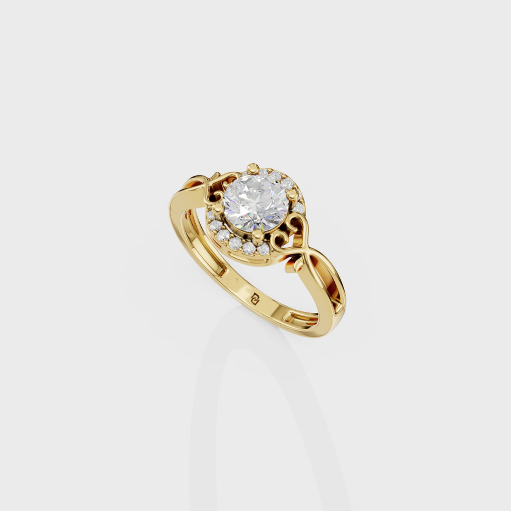 Round Cut Diamond Halo Ring With Intricate Scrollwork Band