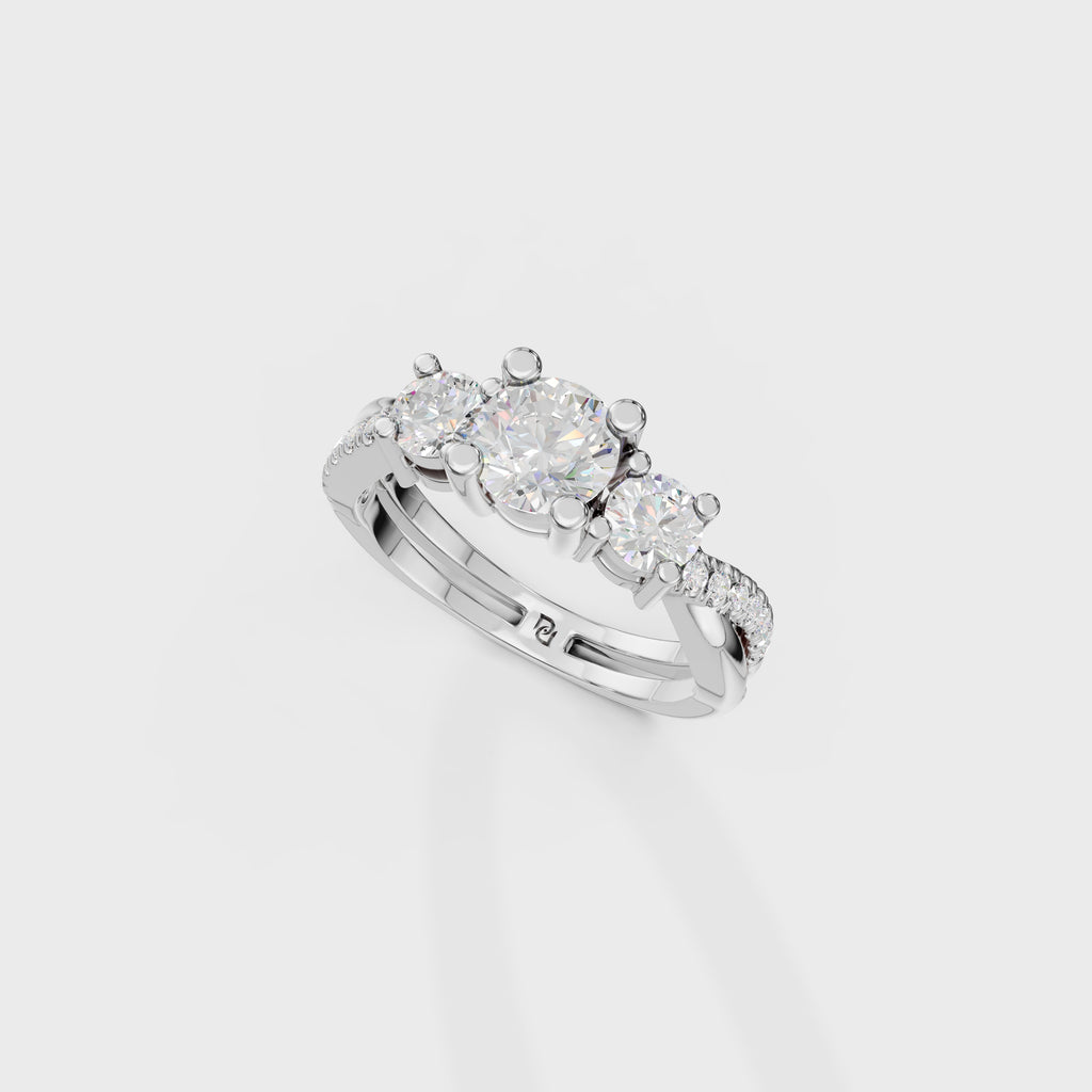 Modern Round Cut Diamond Three Stone Ring With Twisted Pave Shank