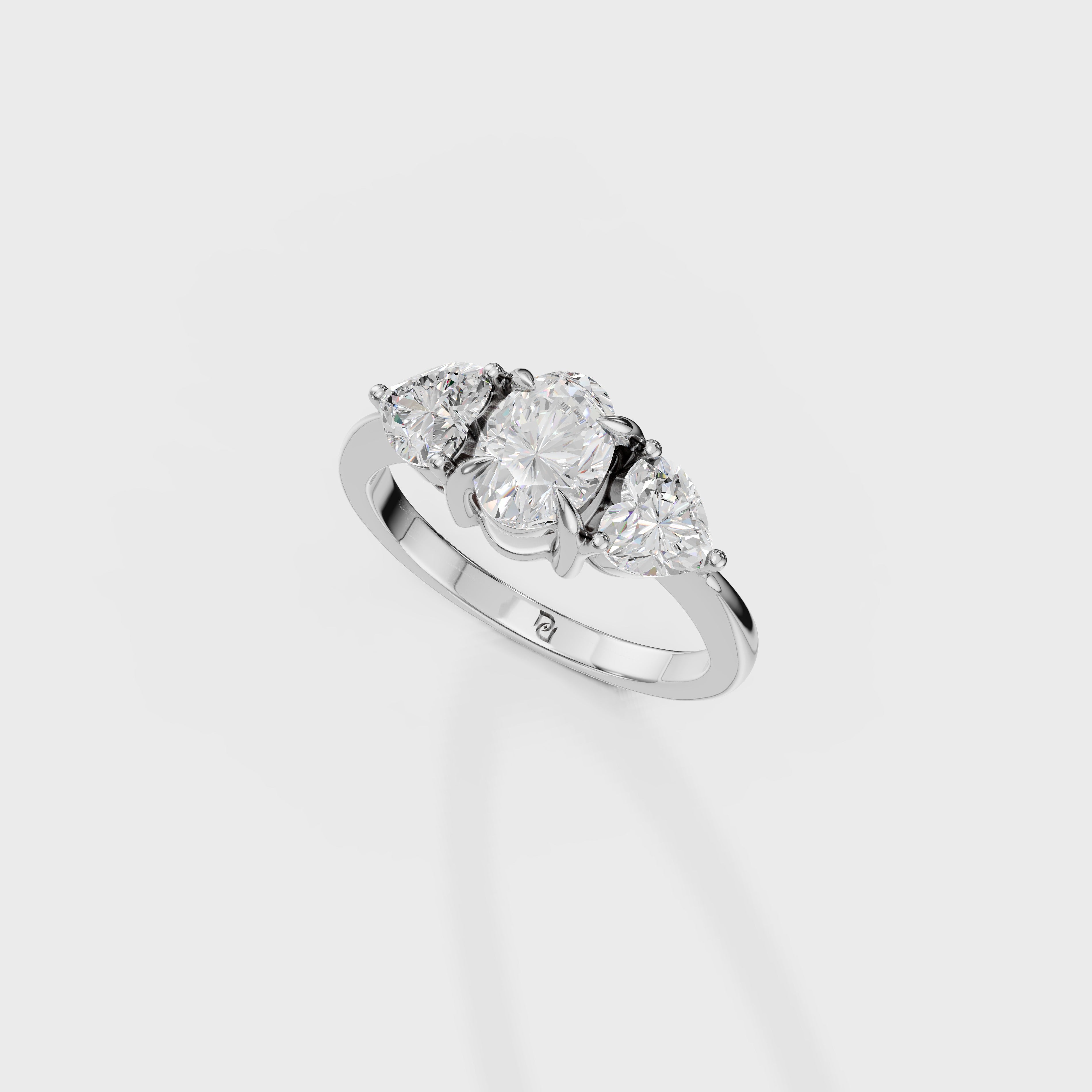 Three Stone Oval & Heart Cut Diamond Engagement Ring