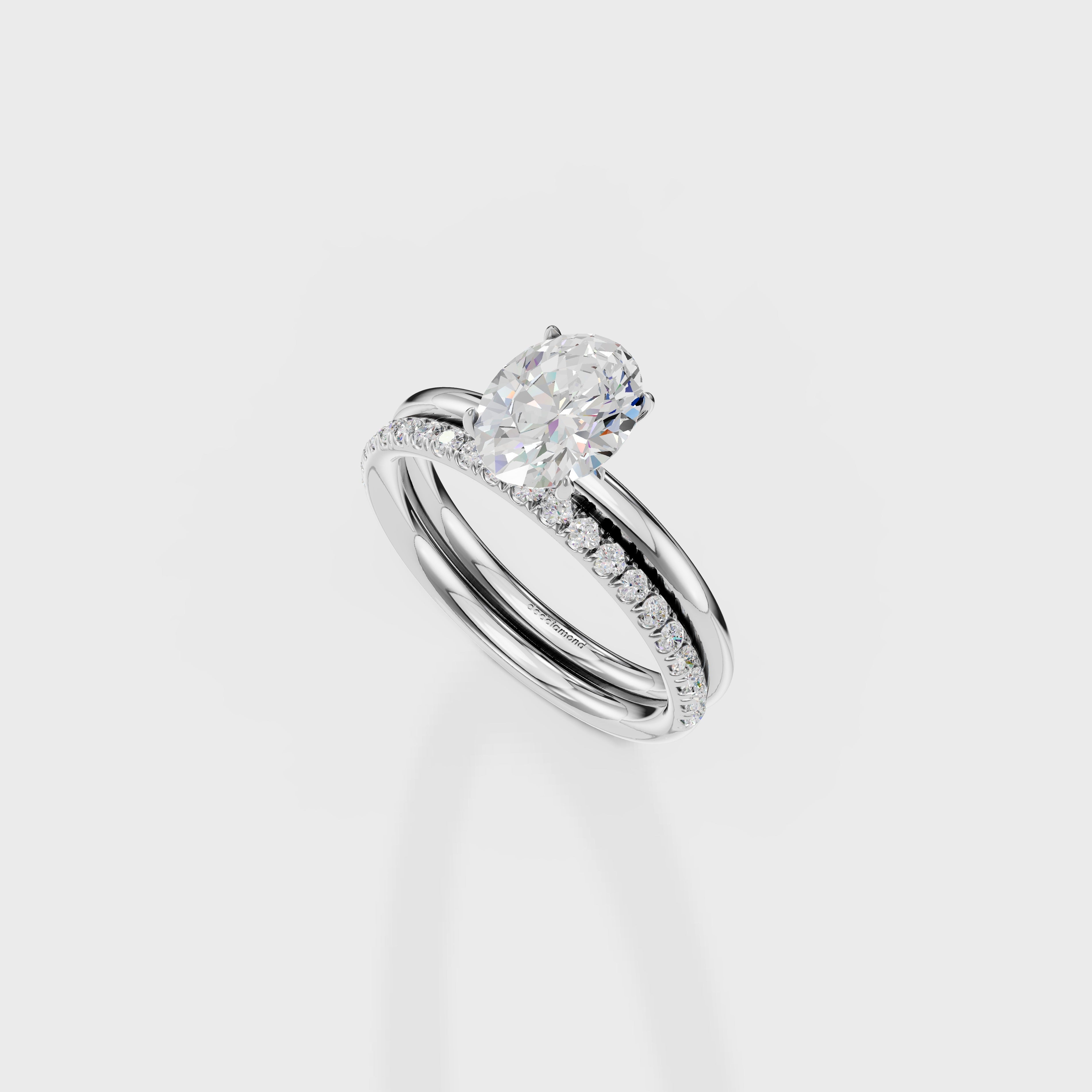 Oval Solitaire Diamond Bridal Set With Pave Band