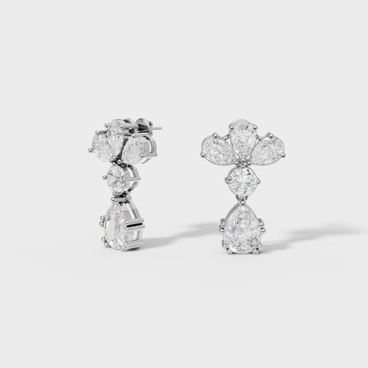 Pear & Round Diamond Drop Cluster Earrings