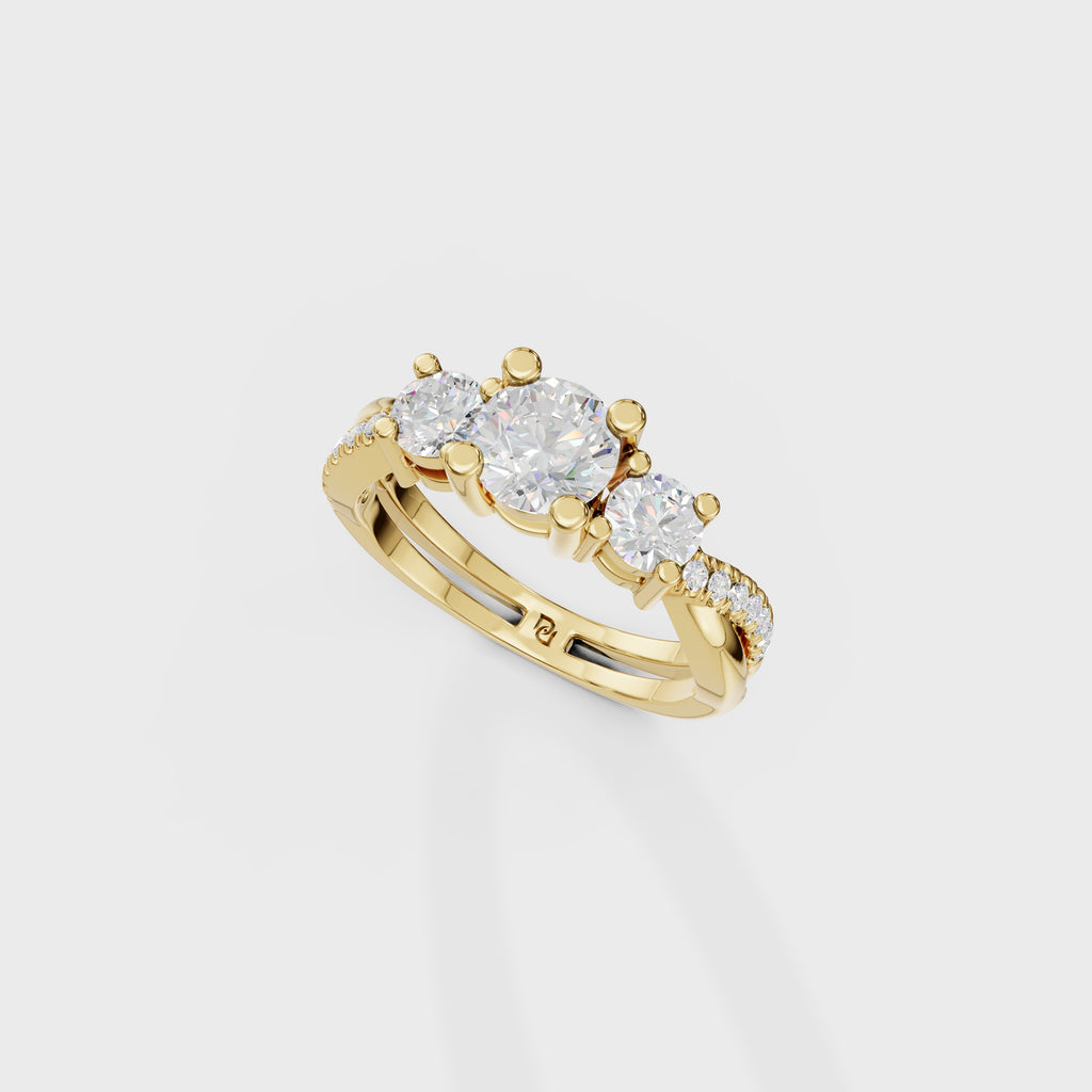 Modern Round Cut Diamond Three Stone Ring With Twisted Pave Shank