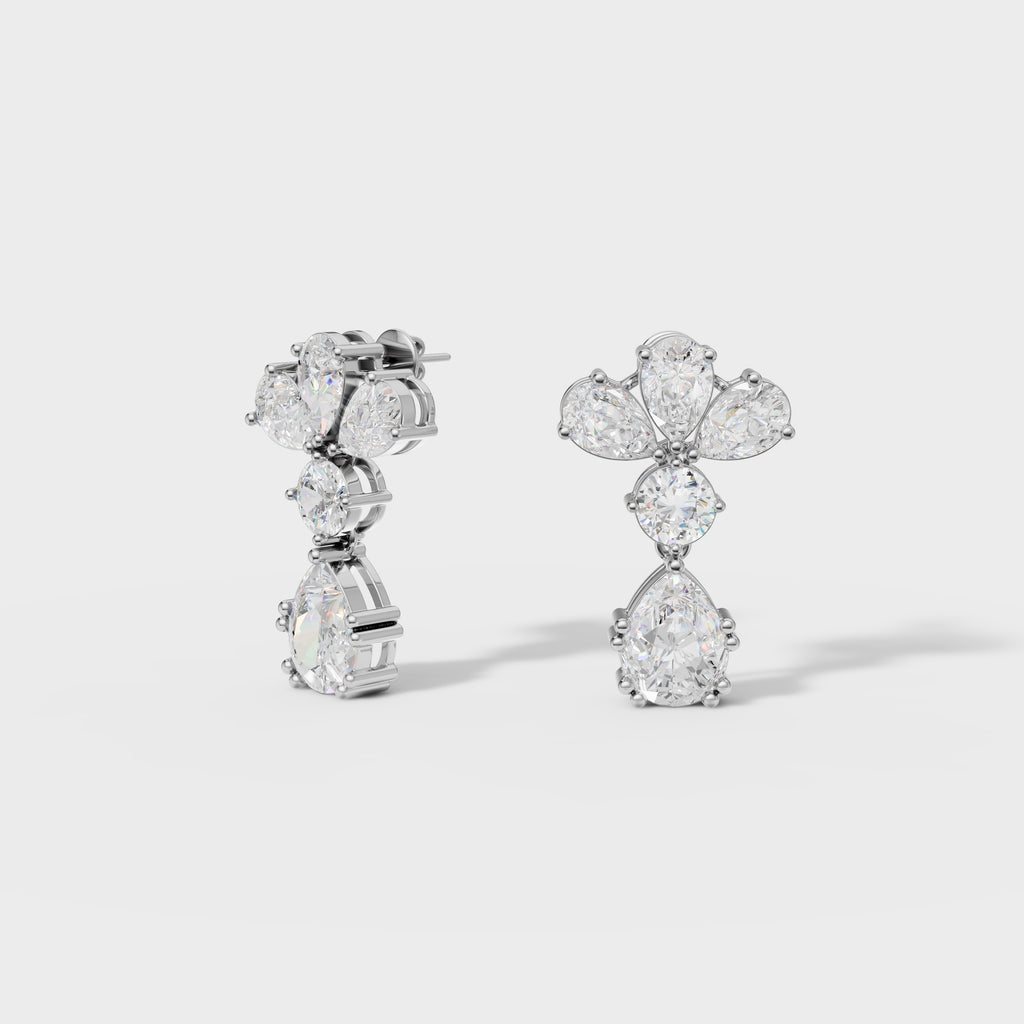 Pear & Round Diamond Drop Cluster Earrings