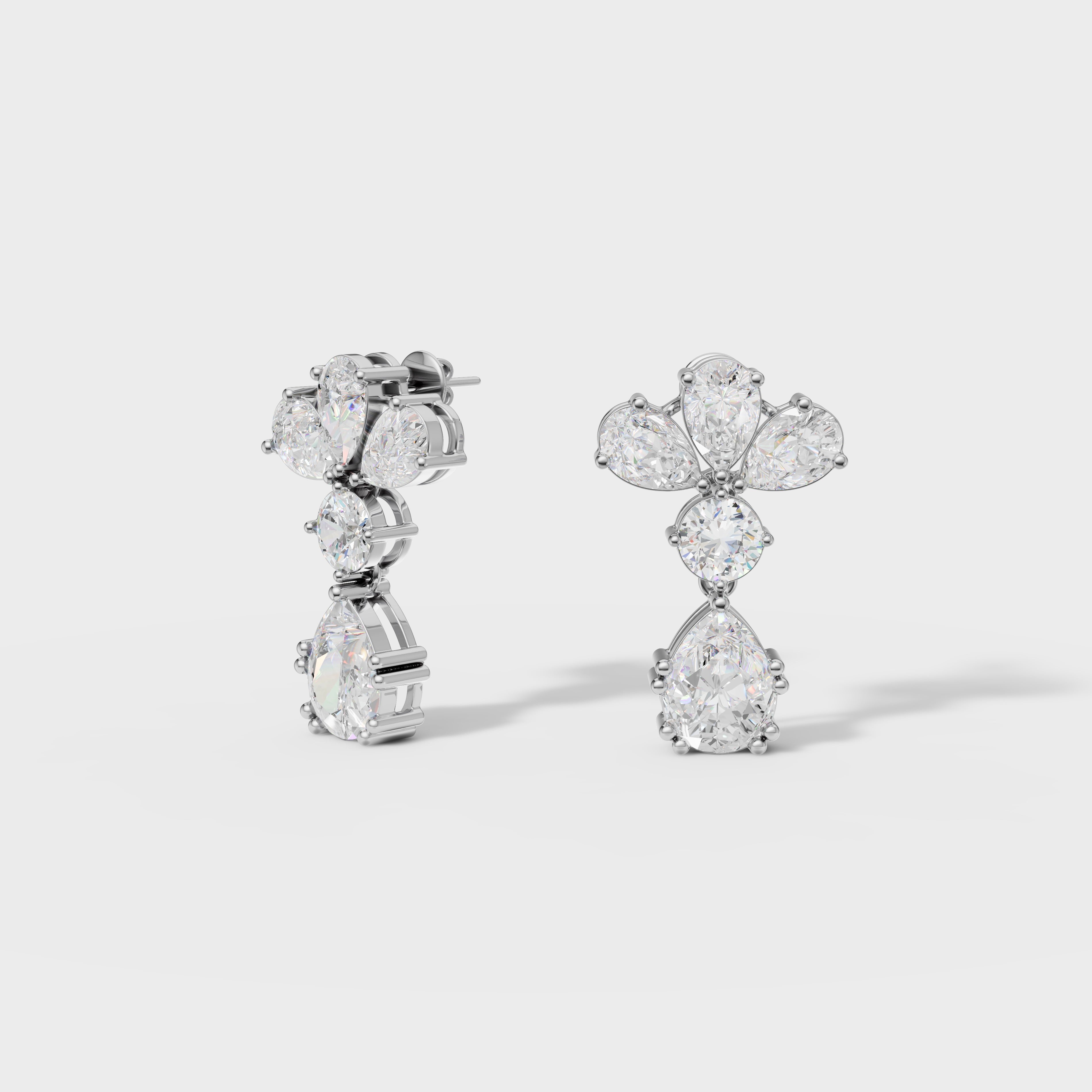Pear & Round Diamond Drop Cluster Earrings