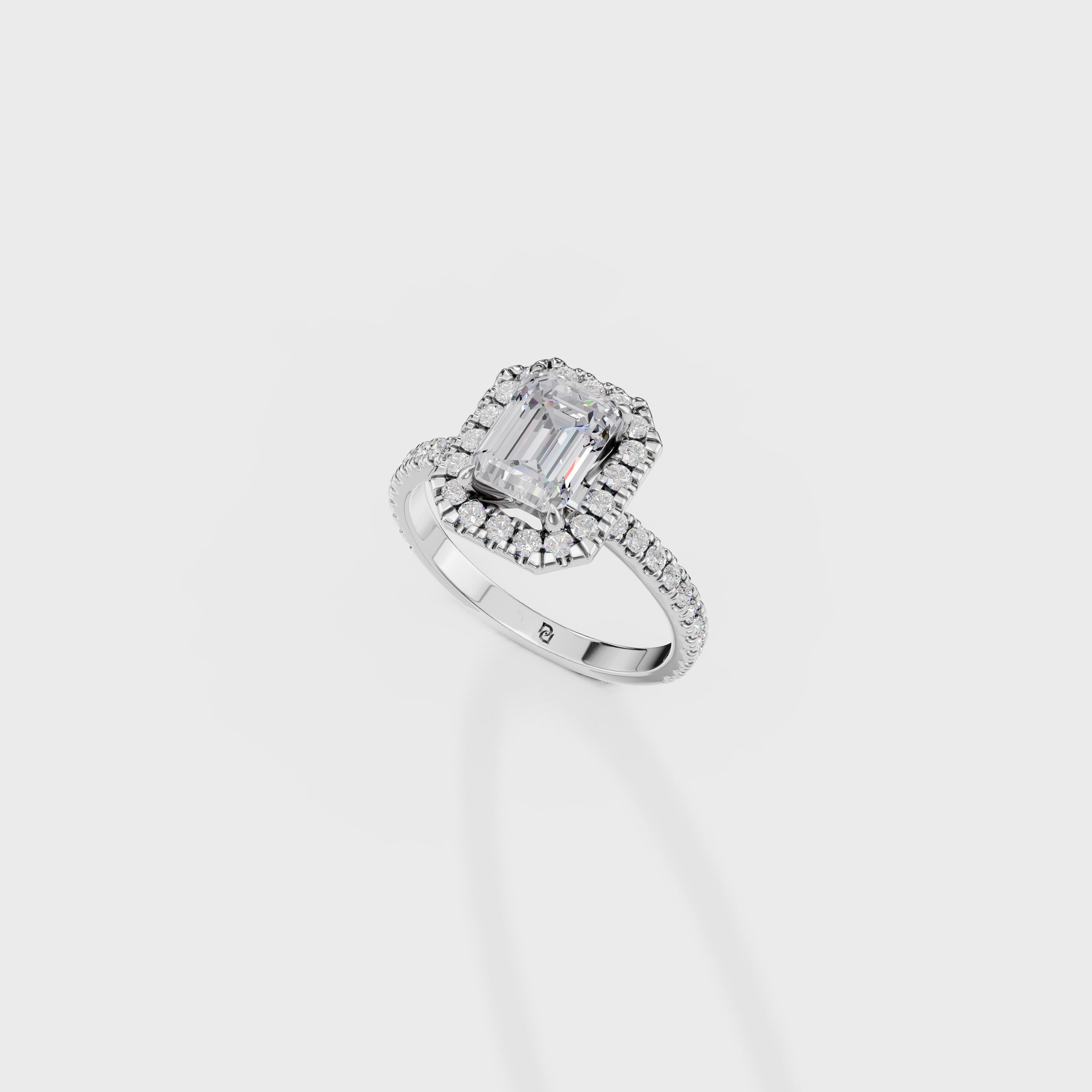 Emerald Cut Diamond Halo Engagement Ring with Pave Band