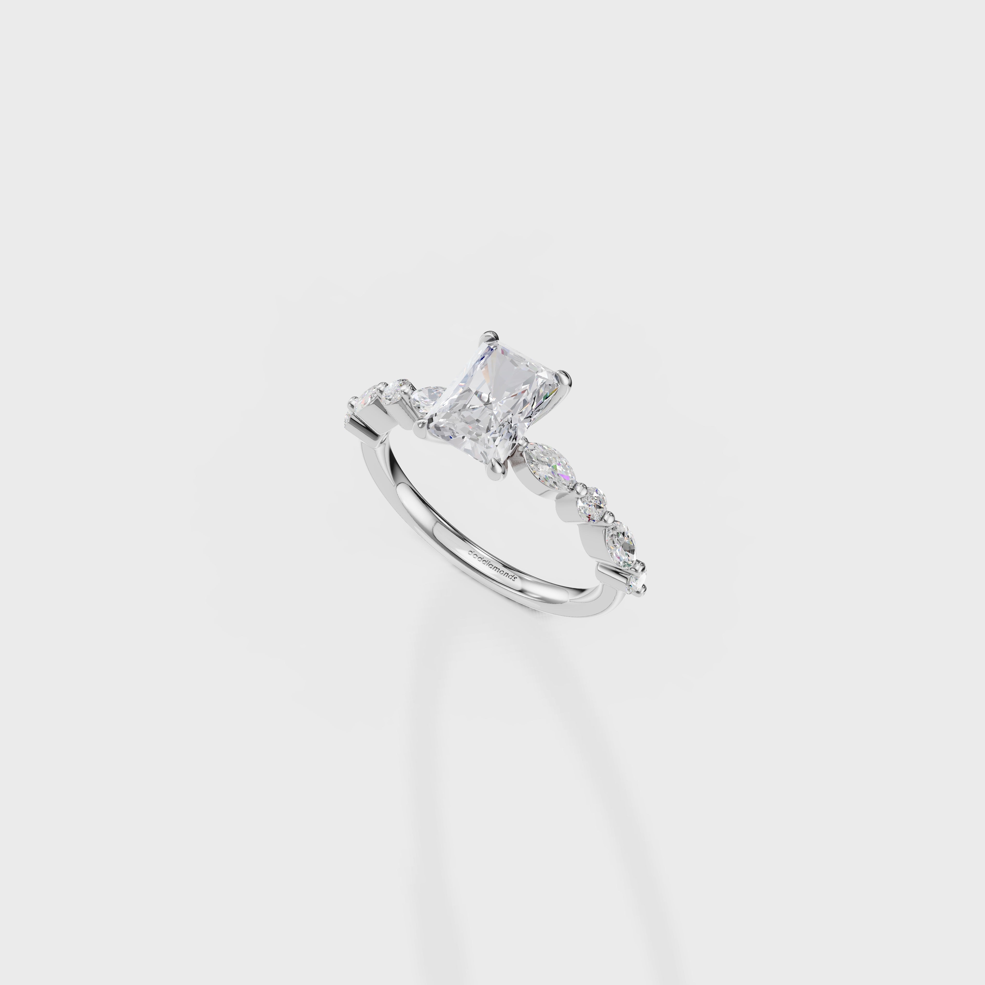 Radiant Cut Diamond Engagement Ring with Marquise & Round Side Stones