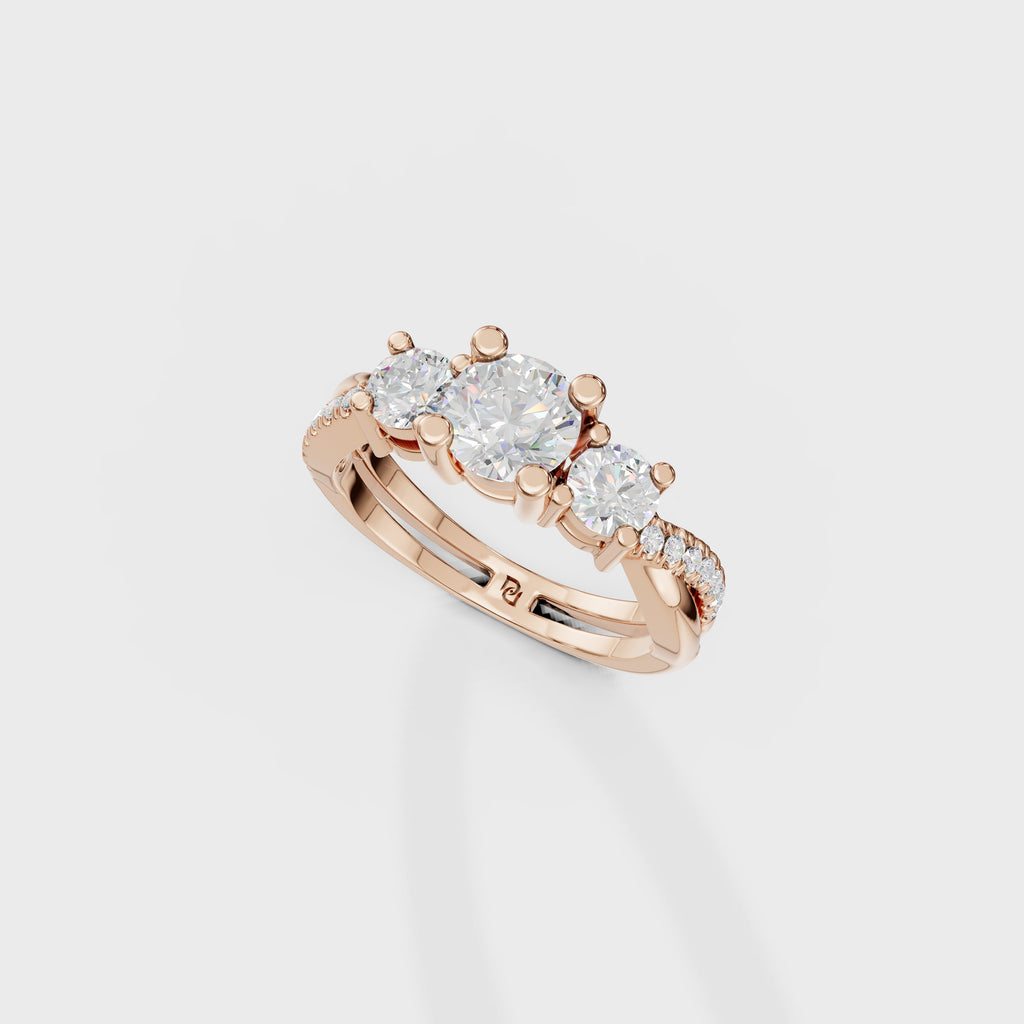 Modern Round Cut Diamond Three Stone Ring With Twisted Pave Shank