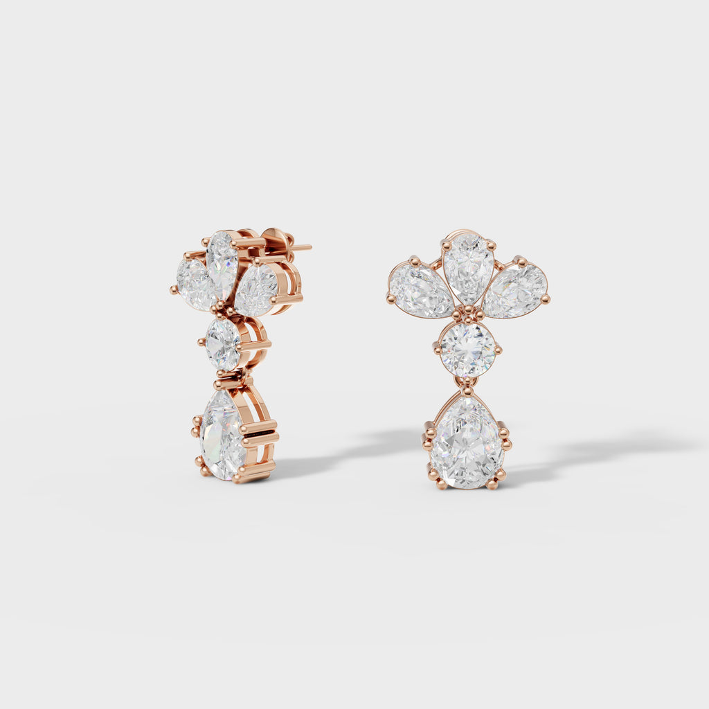 Pear & Round Diamond Drop Cluster Earrings