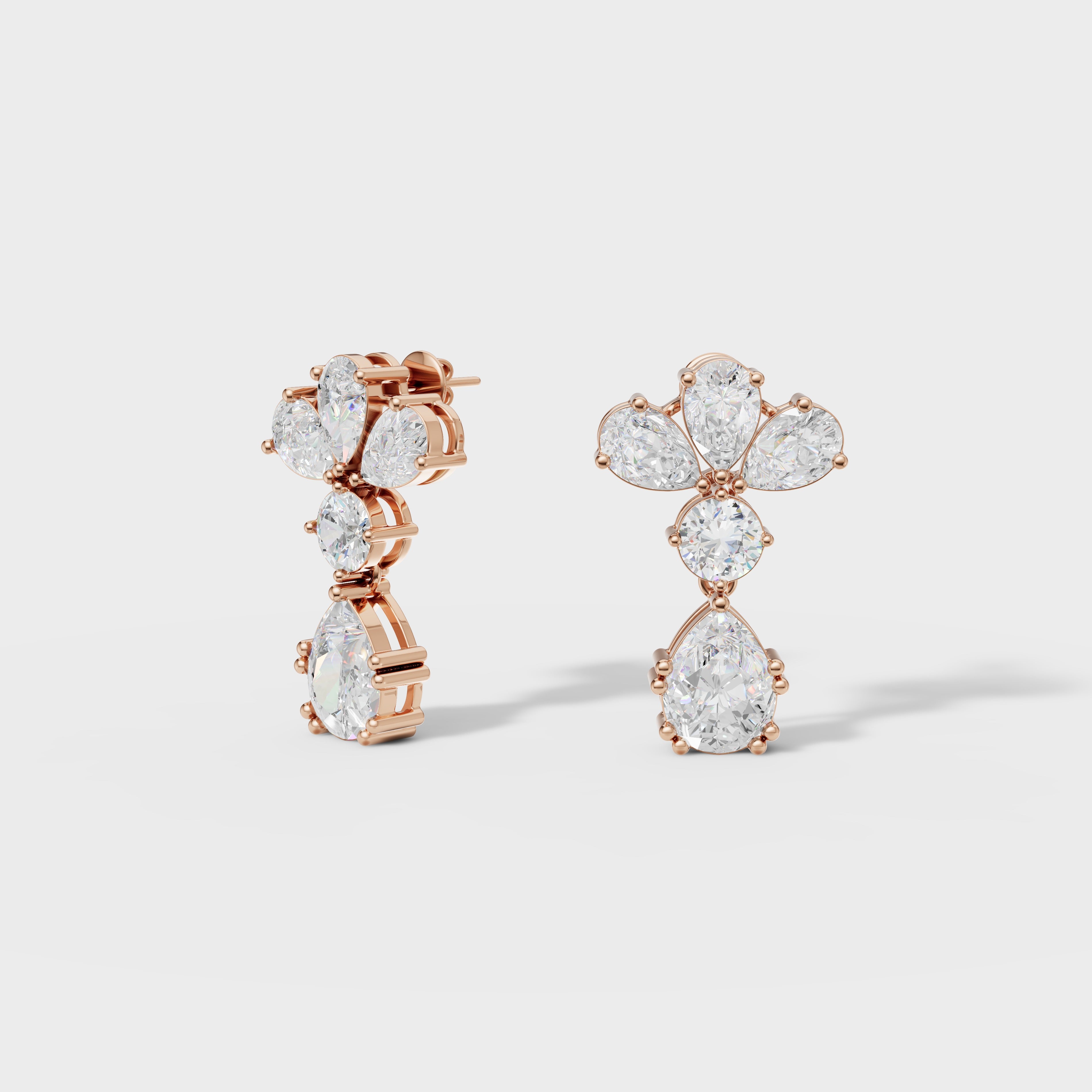 Pear & Round Diamond Drop Cluster Earrings
