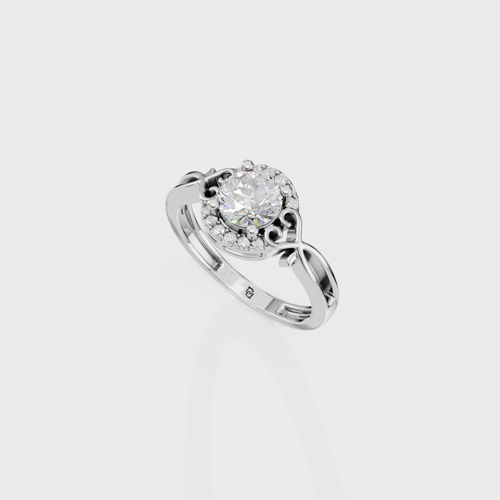 Round Cut Diamond Halo Ring With Intricate Scrollwork Band