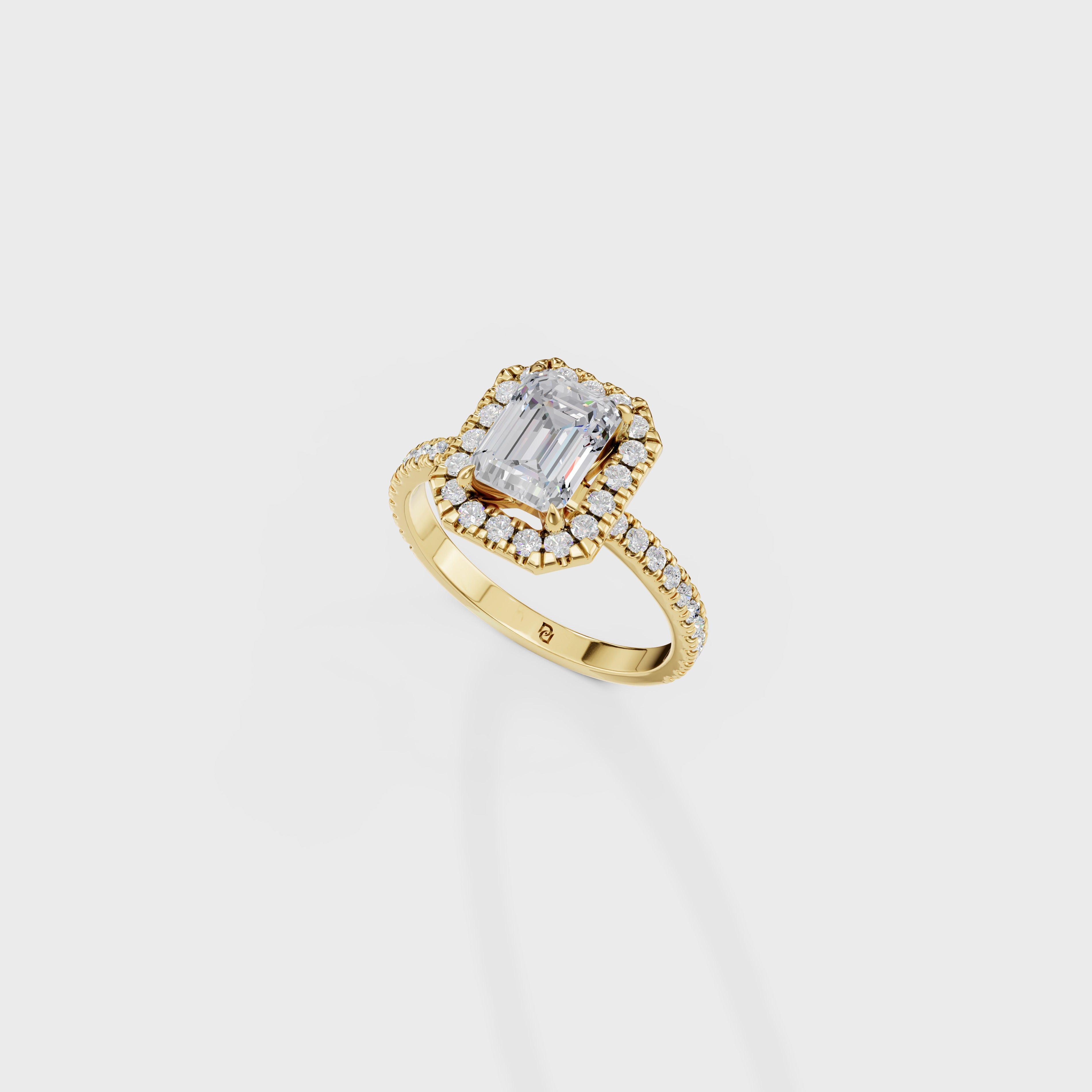 Emerald Cut Diamond Halo Engagement Ring with Pave Band