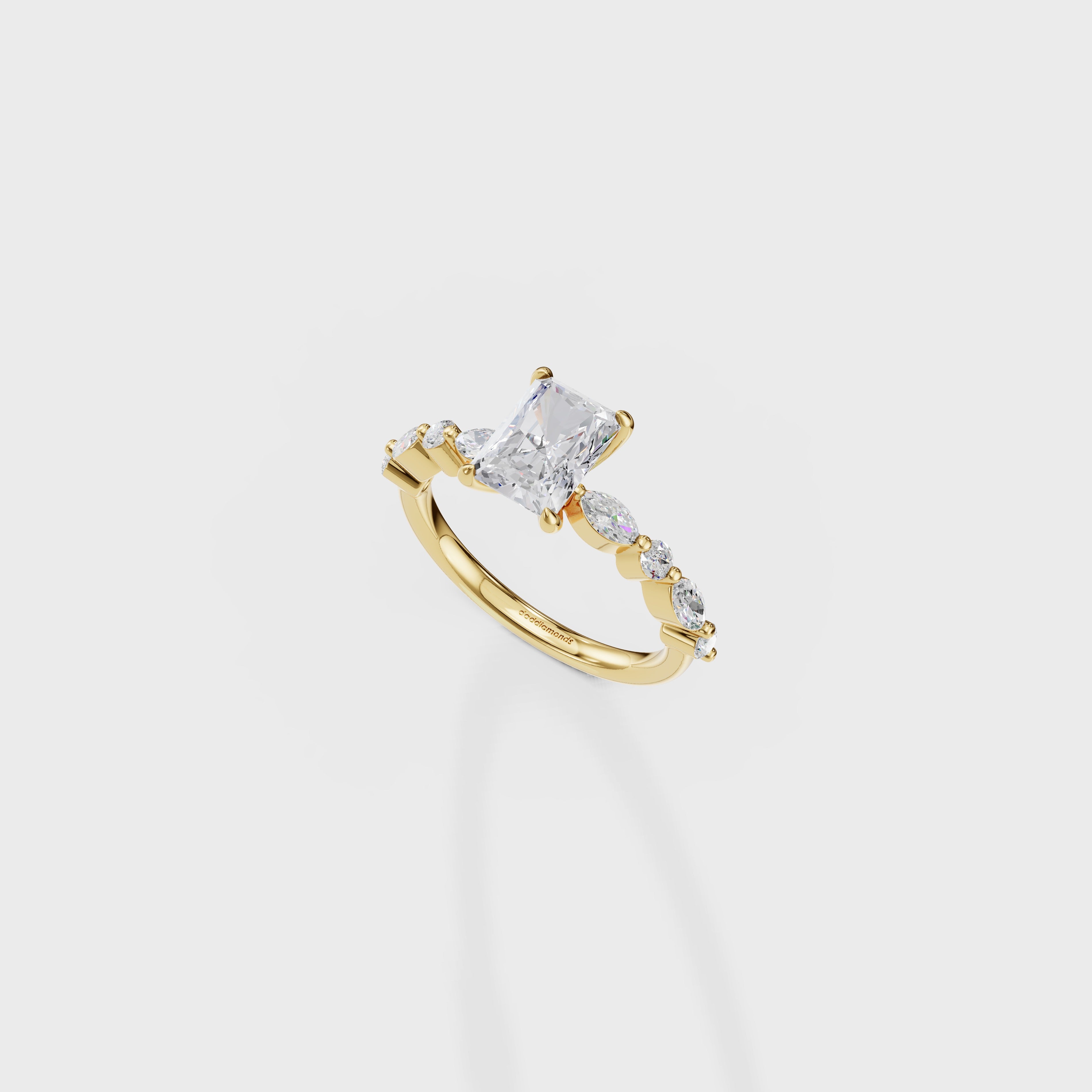 Radiant Cut Diamond Engagement Ring with Marquise & Round Side Stones