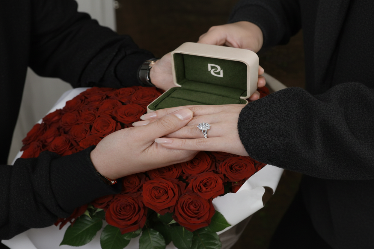 Person holding Dad diamonds solitaire engagement ring