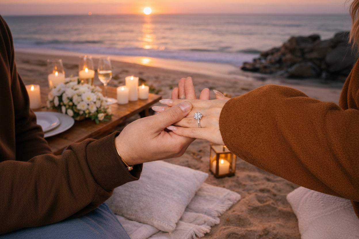 Person holding Dad Diamonds ring on a beach at sunset