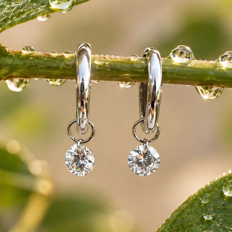 Round Diamond Drop Hoop Earrings
