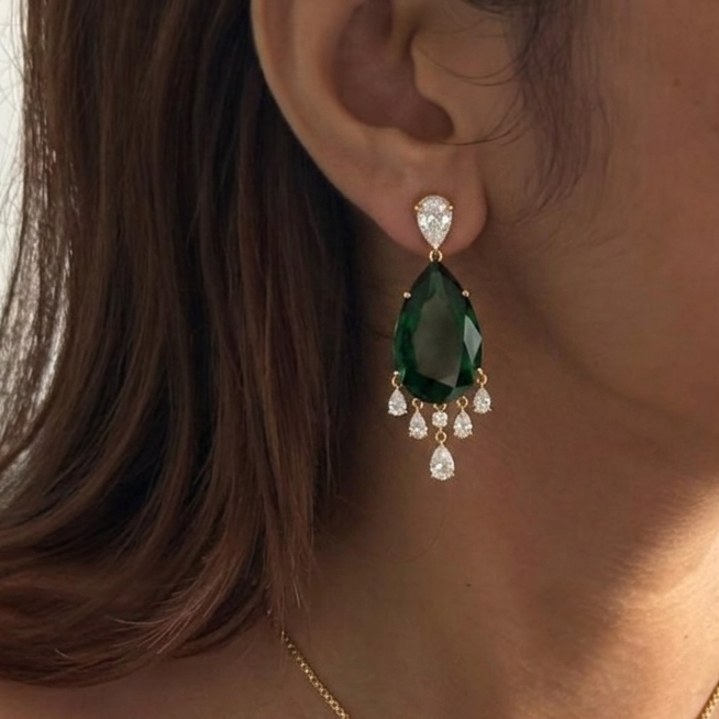 Green Stone Diamond Pendant Earrings set