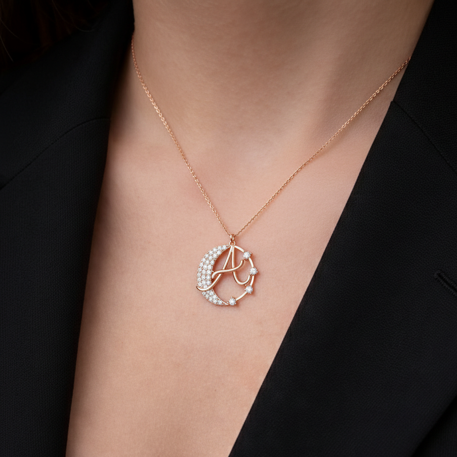Crescent A Intial Pendant