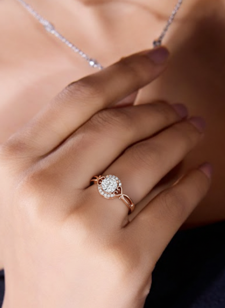 0.90ct Round Cut Diamond With Intricate Scrollwork Band