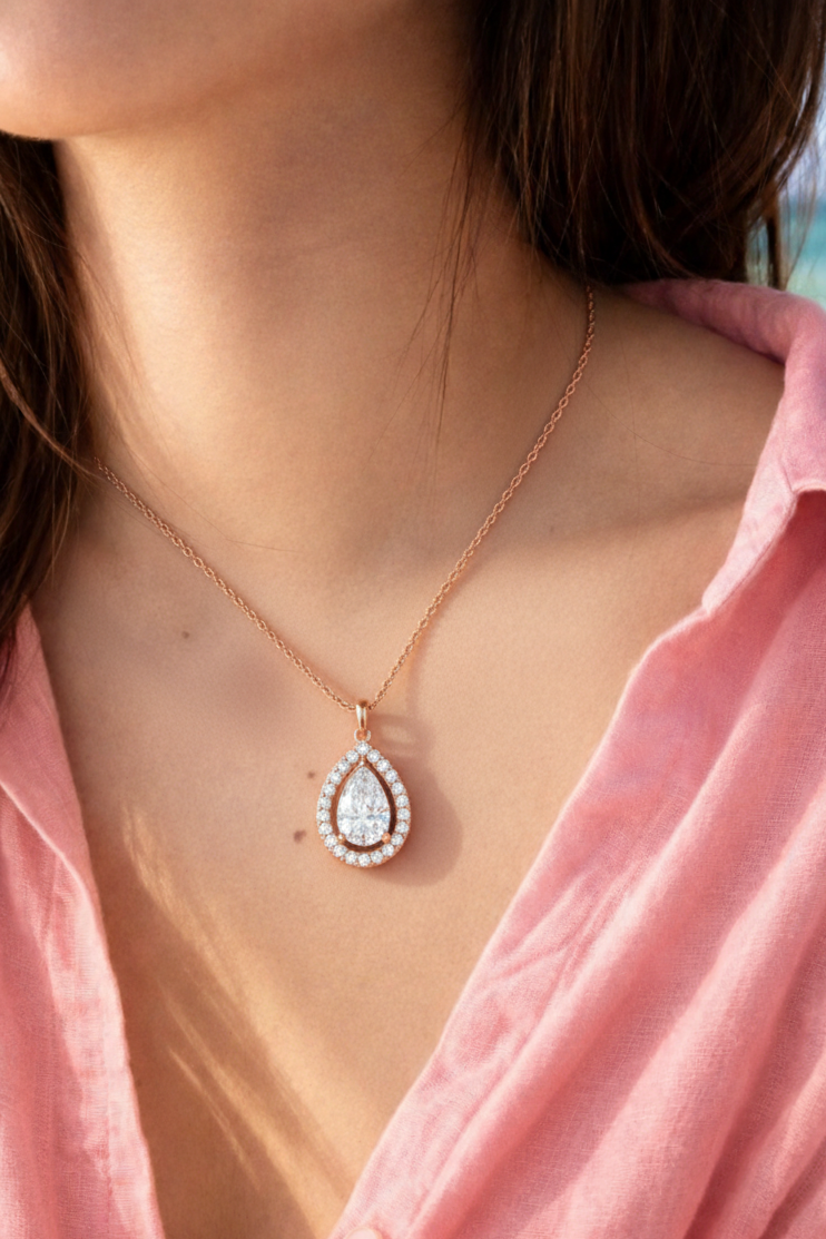 Luminous 1ct Pear Cut Halo diamond pendant