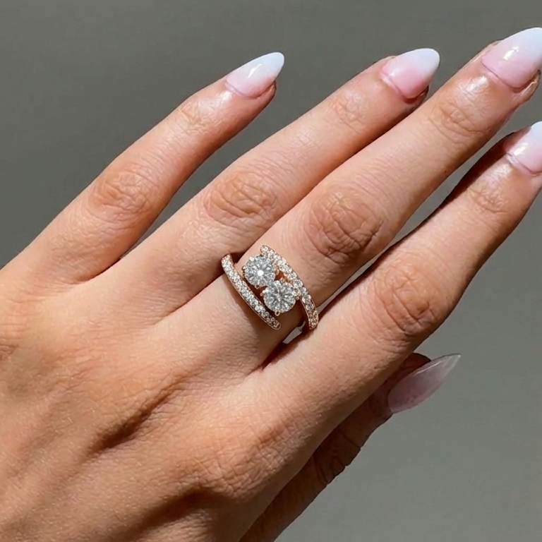 Two-Stone Bypass Engagement Ring with Pavé Accents