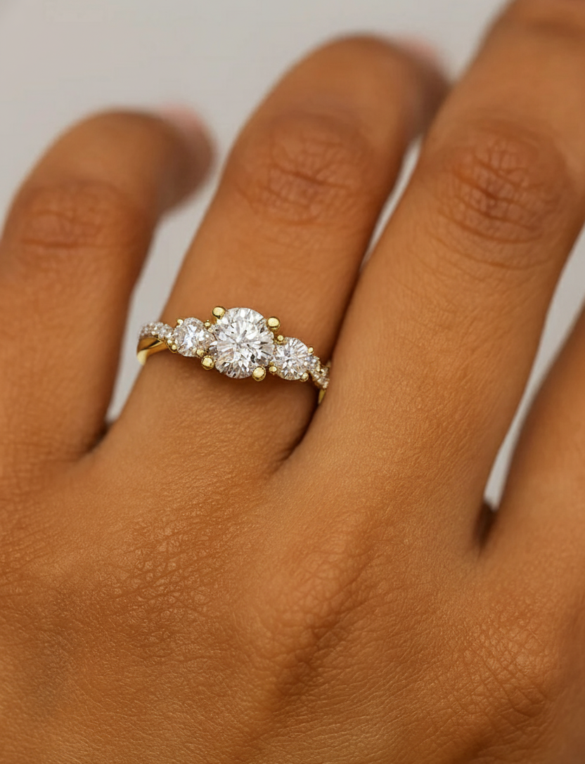 Modern Round Cut Diamond Three Stone Ring With Twisted Pave Shank