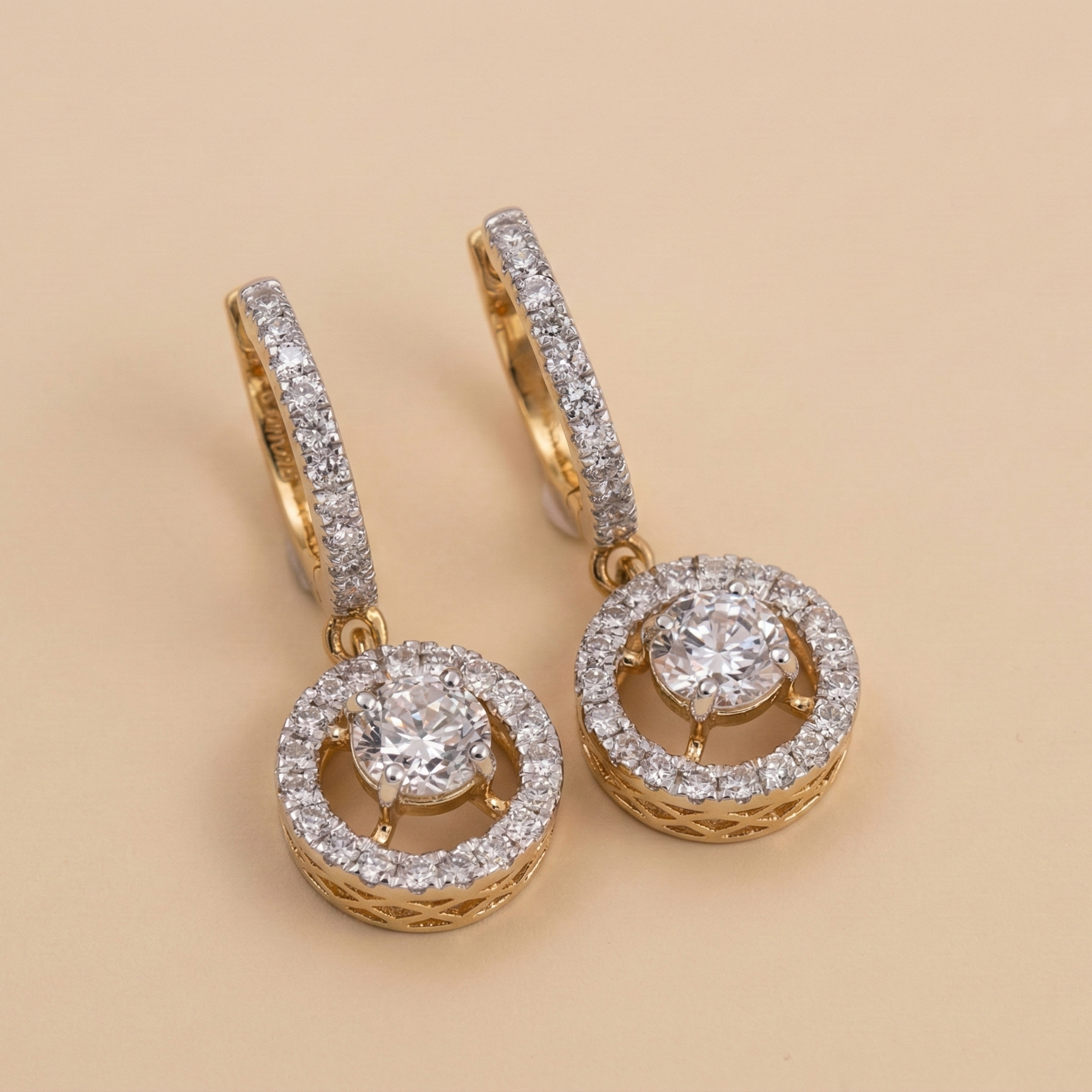 Round cut Diamond halo huggie hoops