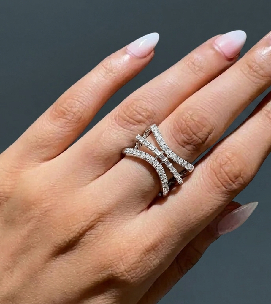 Baguette & Round Diamond Crossover Ring