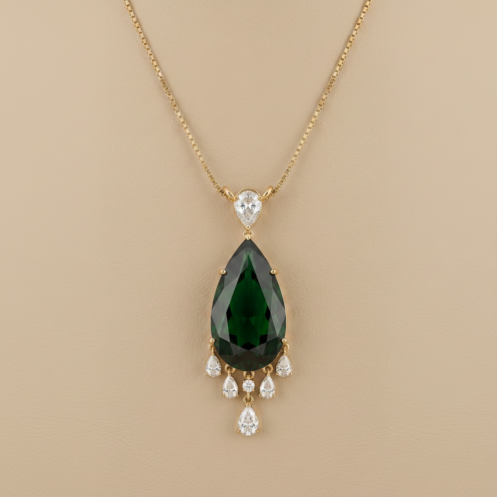 Green Stone Diamond Pendant Earrings set
