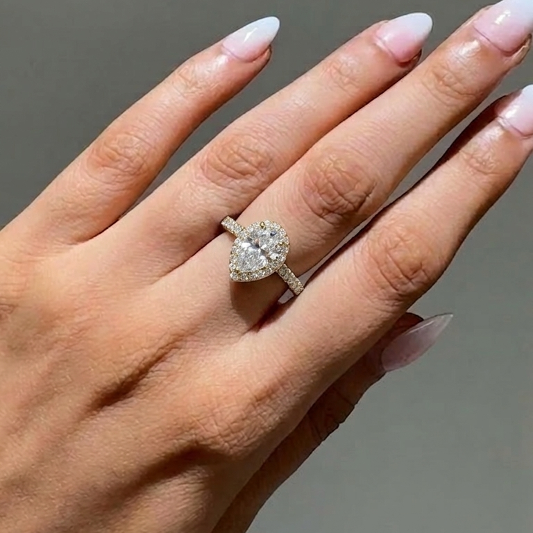 1ct Pear Diamond Halo Engagement Ring with Pavé Band