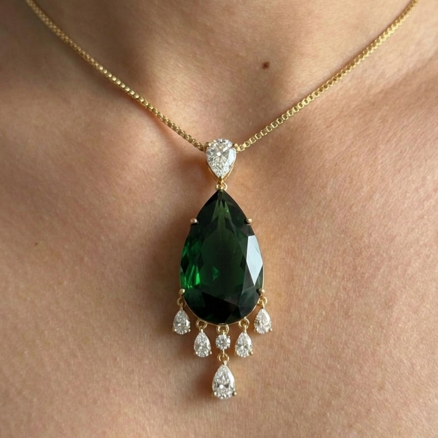 Green Stone Diamond Pendant Earrings set