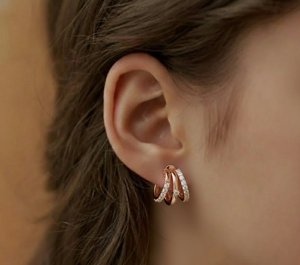 Triple Row Diamond Huggie Earrings