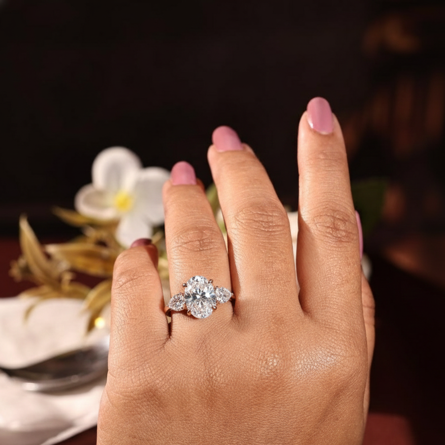 Three Stone Oval & Heart Cut Diamond Engagement Ring