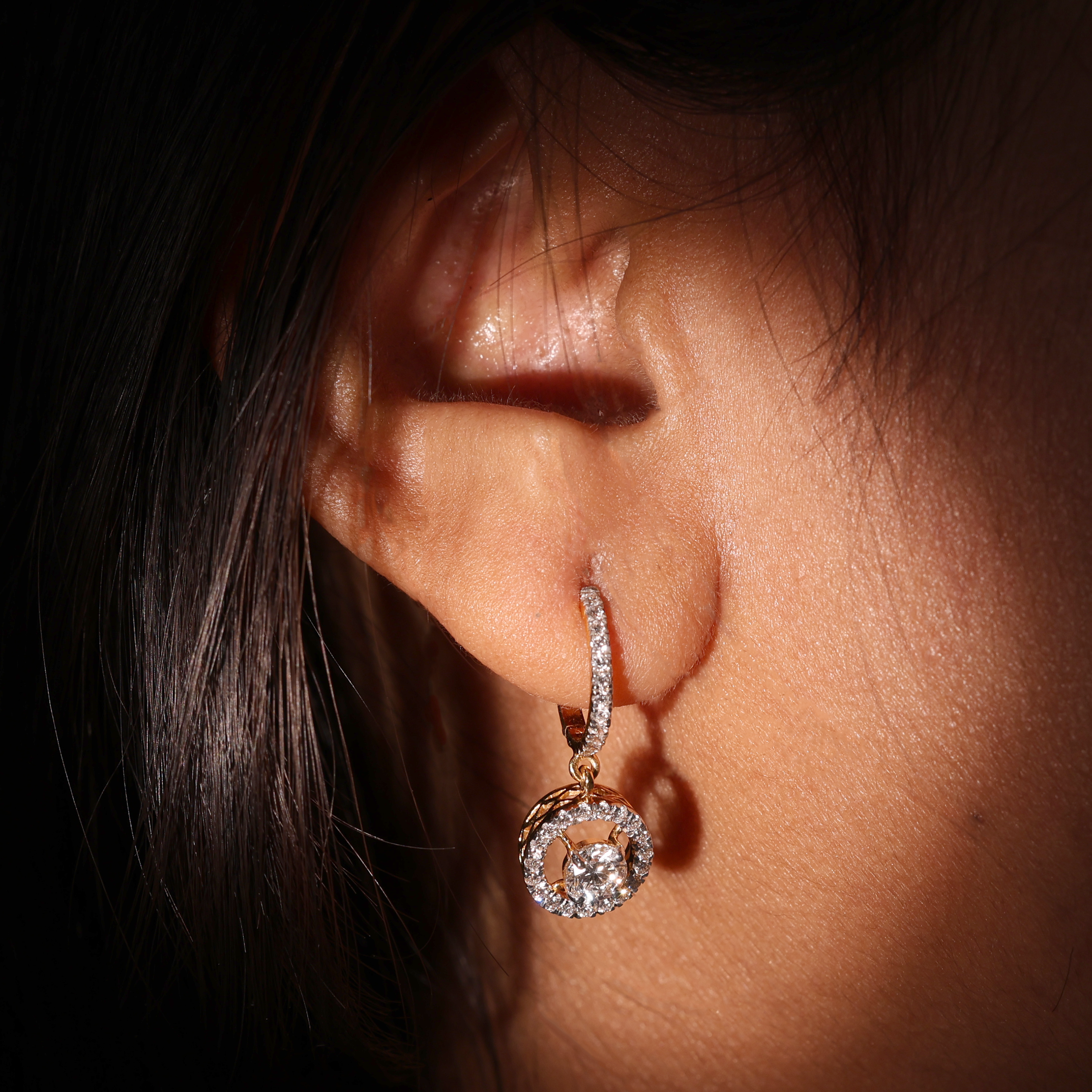 Round cut Diamond halo huggie hoops