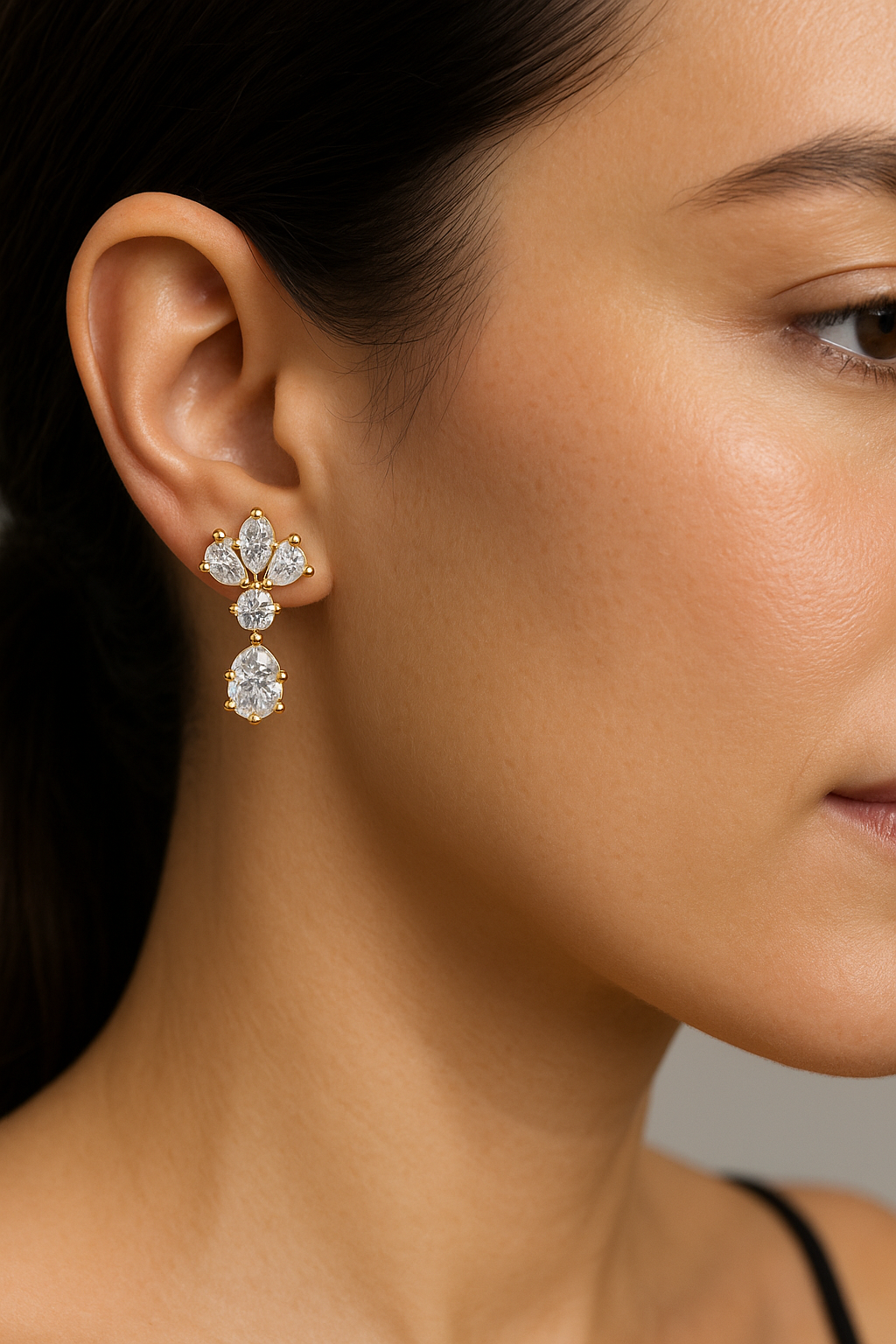 Pear & Round Diamond Drop Cluster Earrings