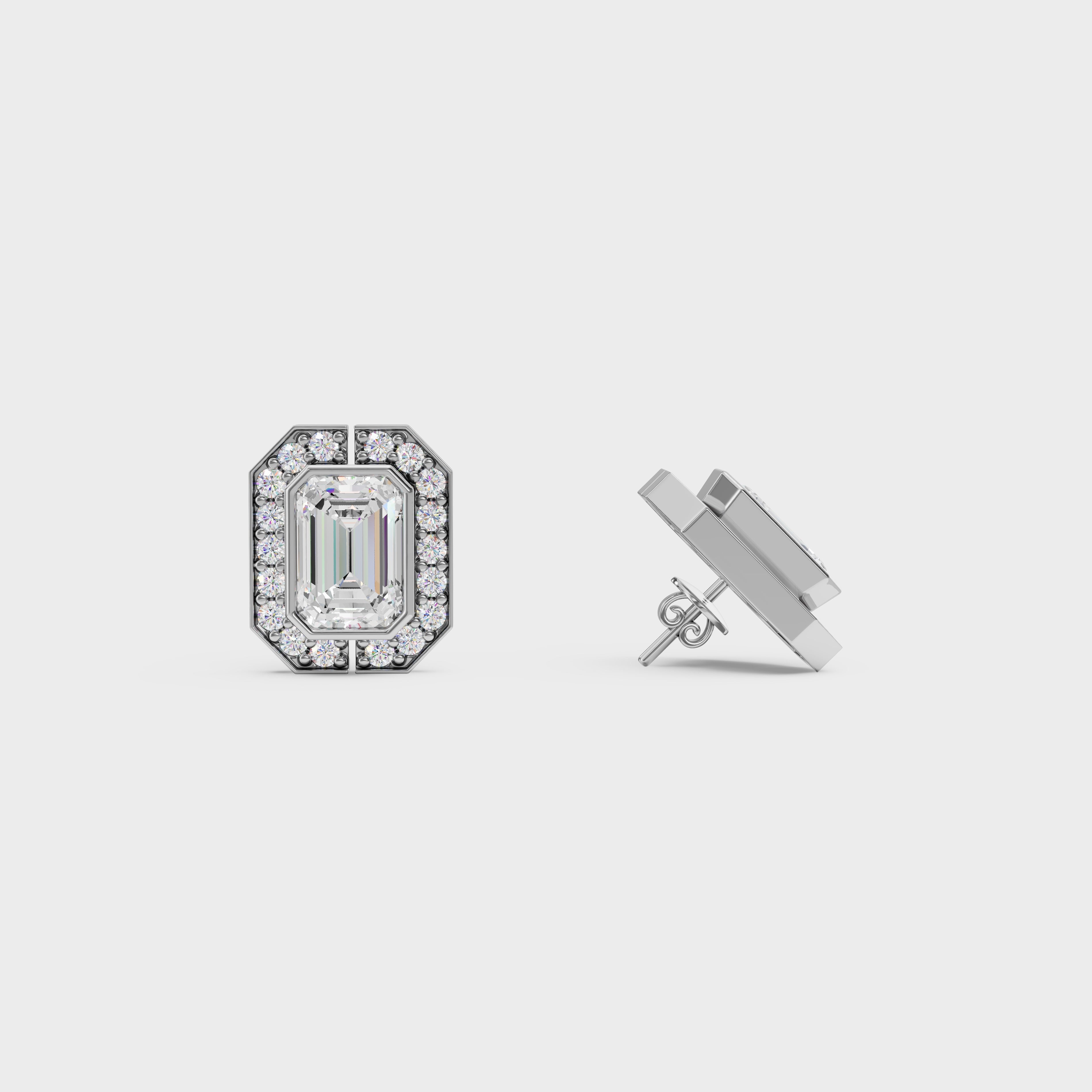 Emerald Cut Halo Stud Earrings