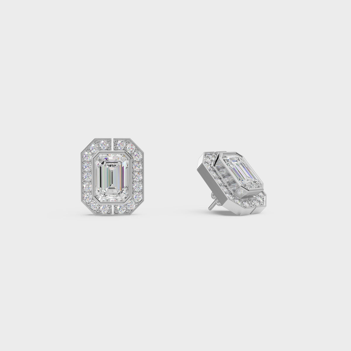 Emerald Cut Halo Stud Earrings